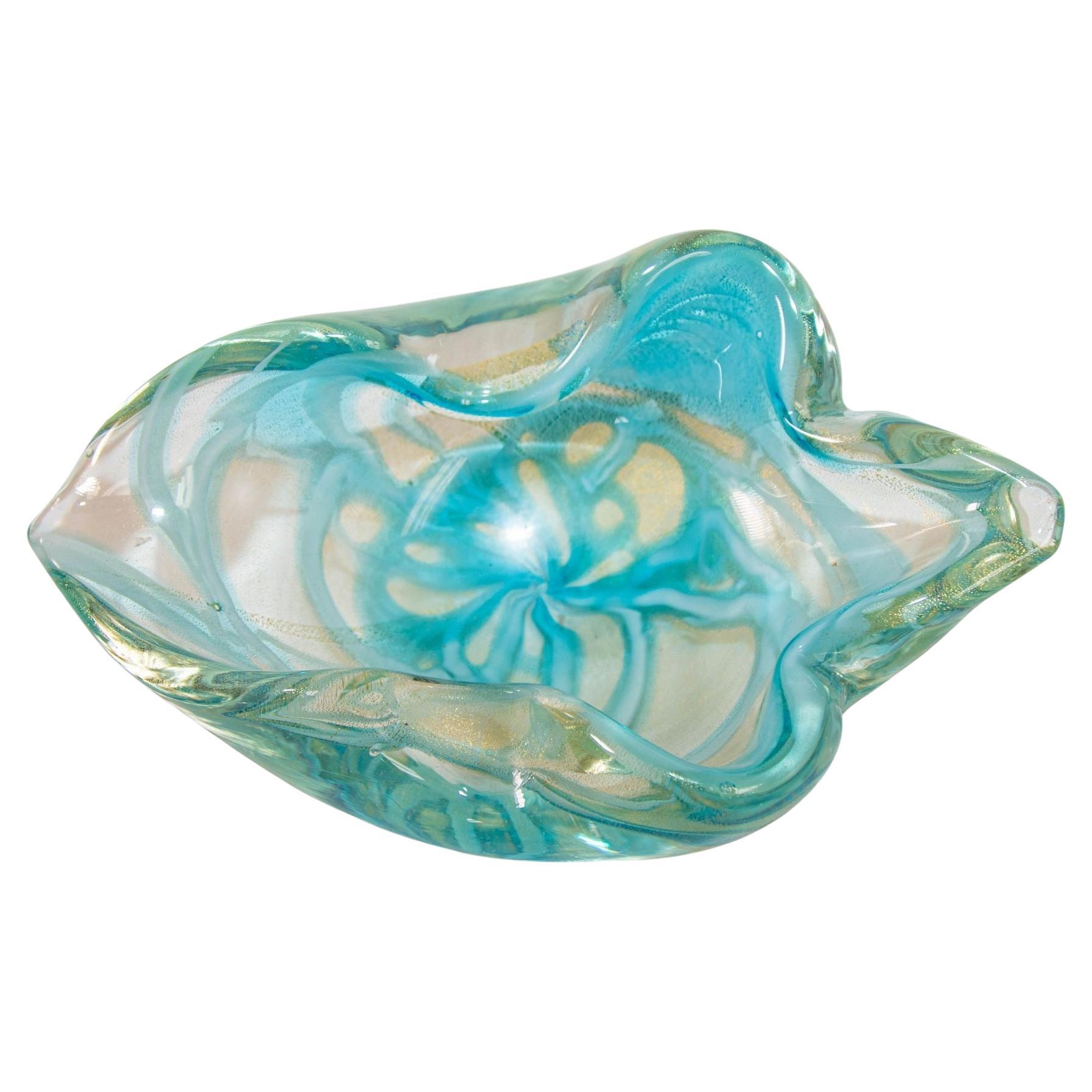 Mid-Century Modern Sculptural Aqua Blue & Gold Hand blown Murano Glass Bowl For Sale