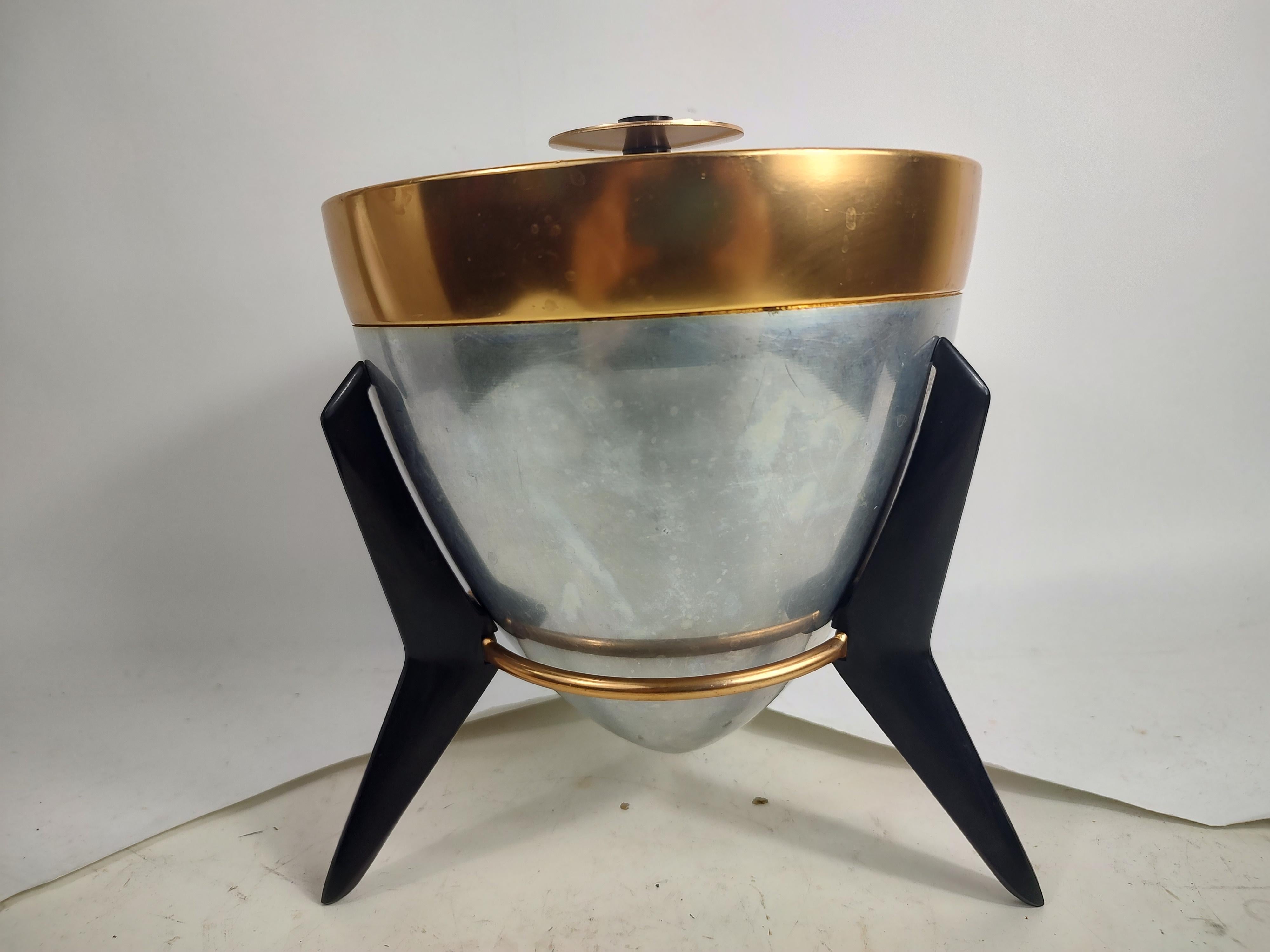 Hand-Crafted Mid-Century Modern Sculptural Atomic Rocket Ship Aluminum Ice Bucket