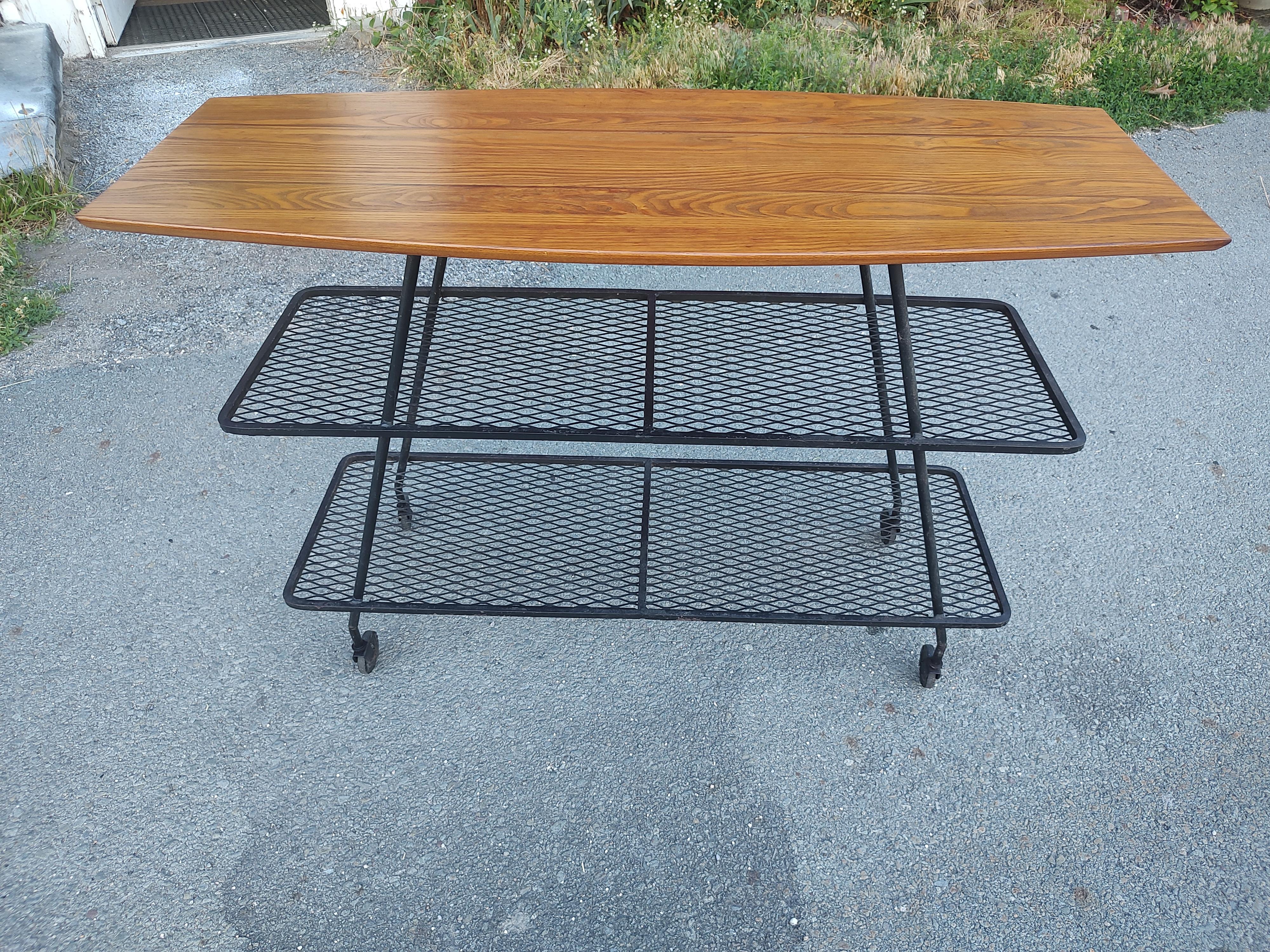 Wrought Iron Mid Century Modern Sculptural Bar Cart with a Surfboard Top by Arthur Umanoff  For Sale