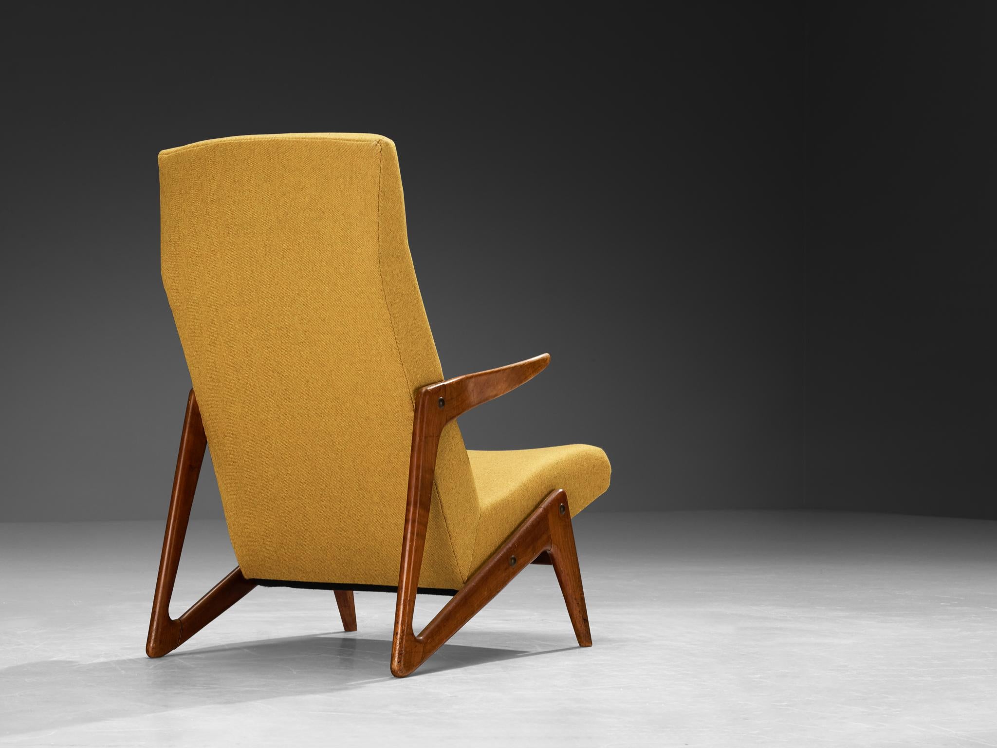 Mid-20th Century Mid-Century Modern Sculptural Belgian Lounge Chair in Cherry & Ochre Fabric For Sale