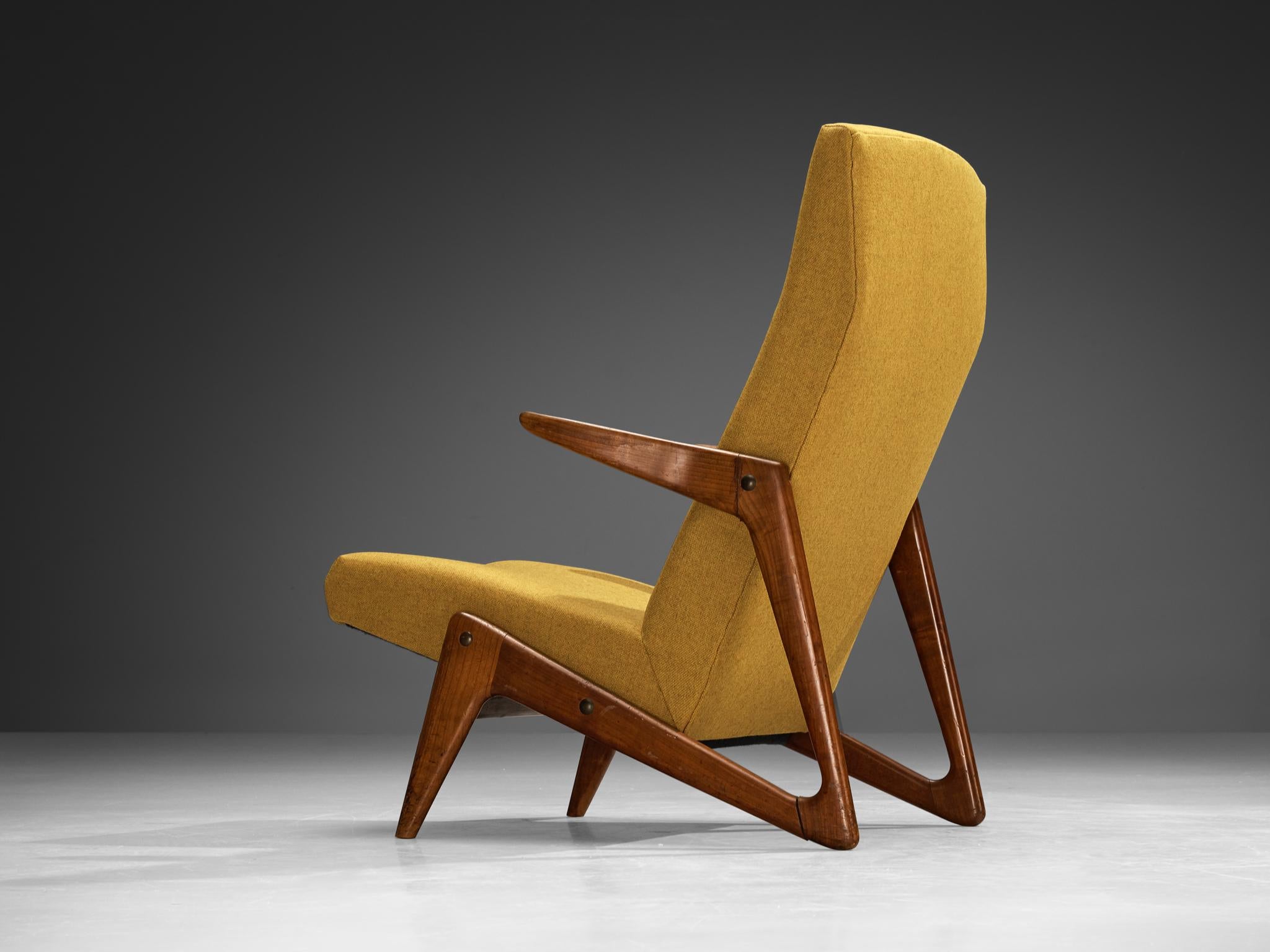 Mid-Century Modern Sculptural Belgian Lounge Chair in Cherry & Ochre Fabric For Sale 1