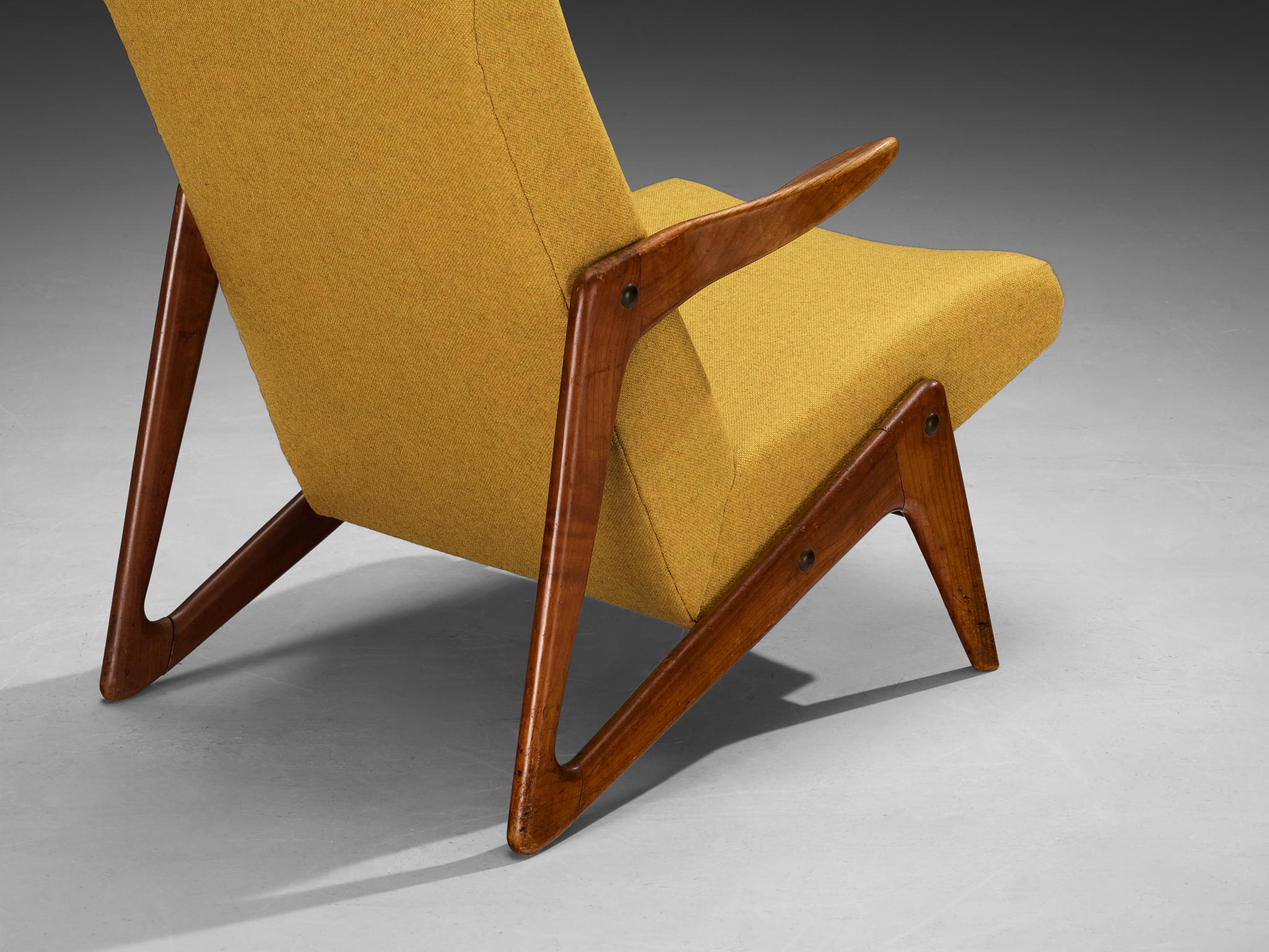 Mid-Century Modern Sculptural Belgian Lounge Chair in Cherry & Ochre Fabric For Sale 2