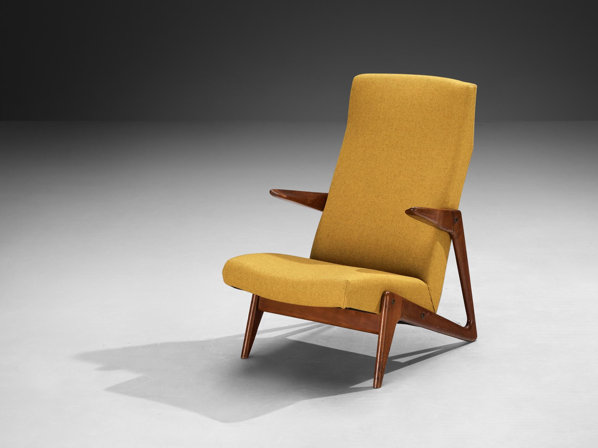Mid-Century Modern Sculptural Belgian Lounge Chair in Cherry & Ochre Fabric For Sale 3