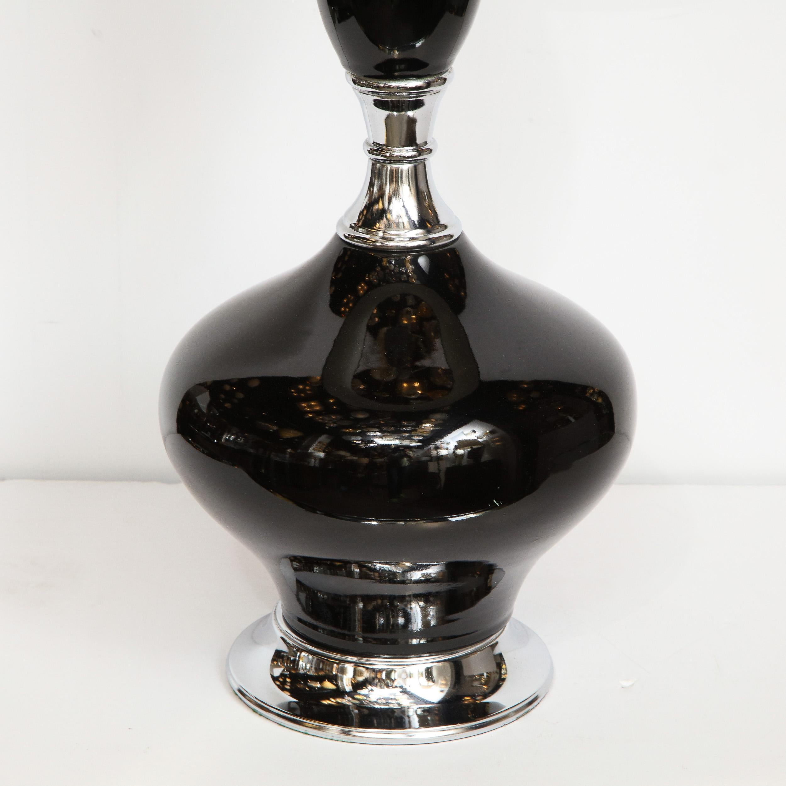 American Mid-Century Modern Sculptural Black Glazed Ceramic Lamp with Chrome Base For Sale