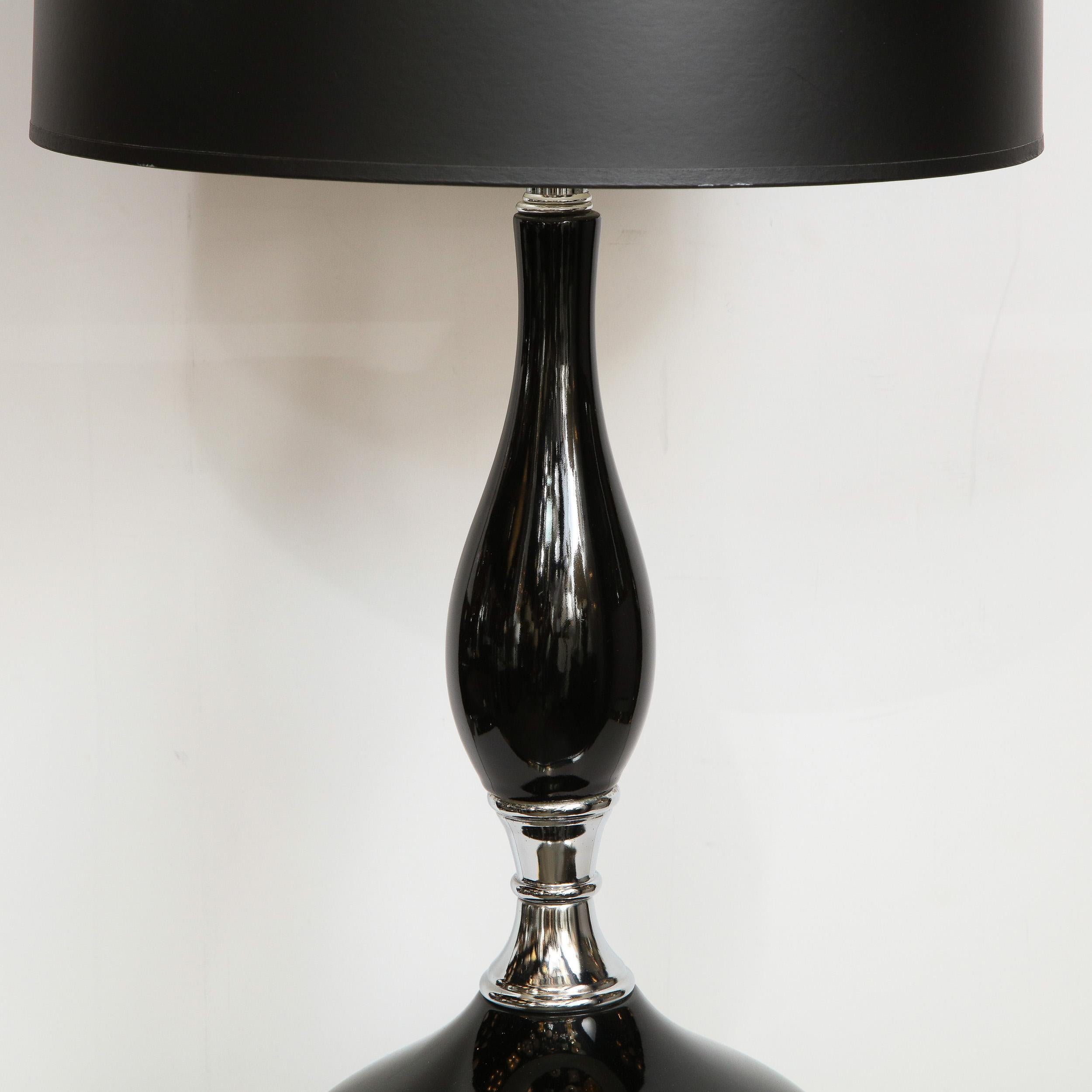 Mid-Century Modern Sculptural Black Glazed Ceramic Lamp with Chrome Base In Excellent Condition For Sale In New York, NY
