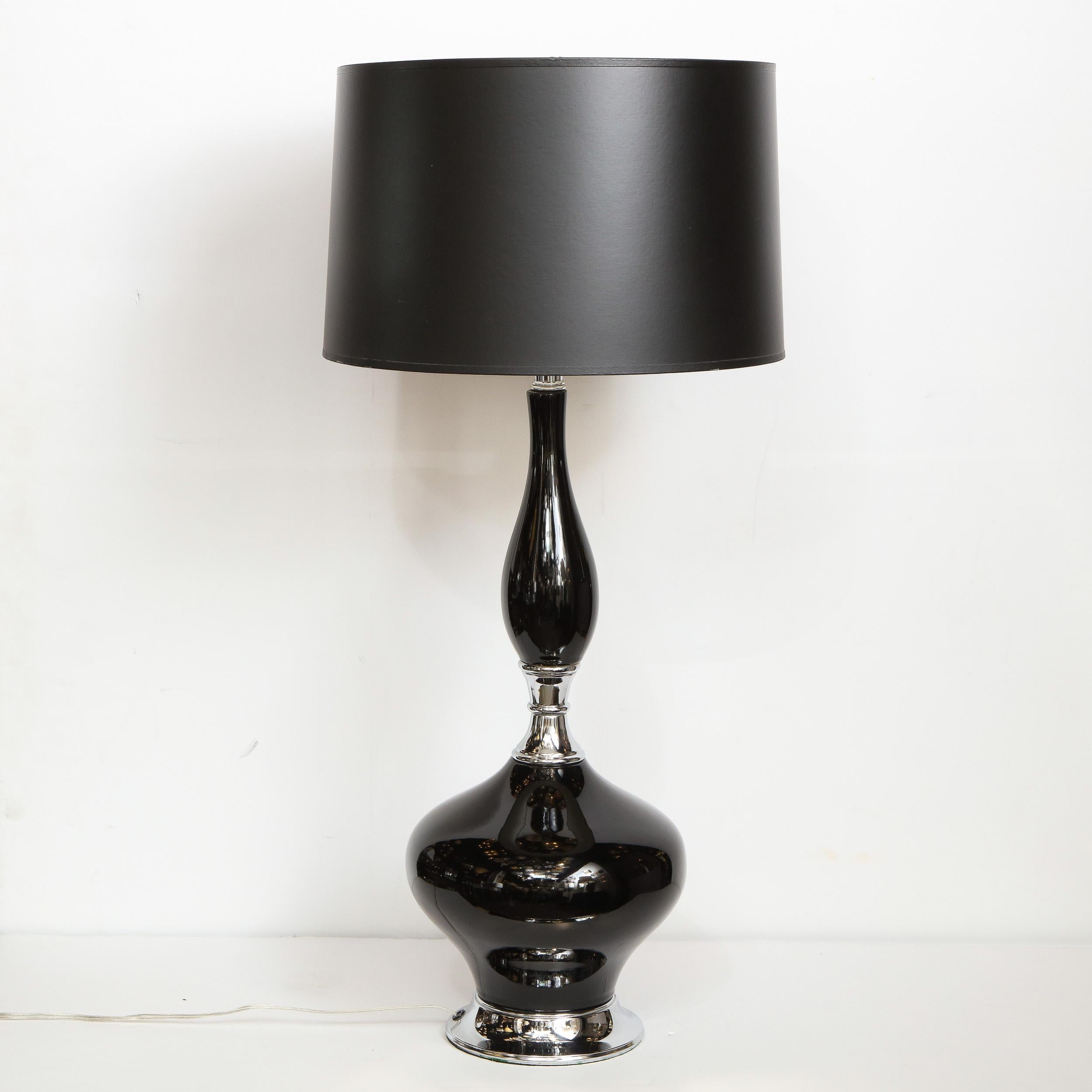 Mid-20th Century Mid-Century Modern Sculptural Black Glazed Ceramic Lamp with Chrome Base For Sale