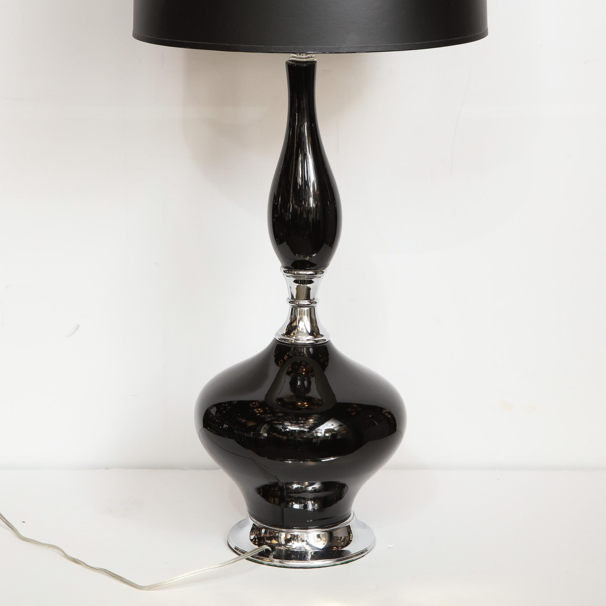 Mid-Century Modern Sculptural Black Glazed Ceramic Lamp with Chrome Base For Sale 1