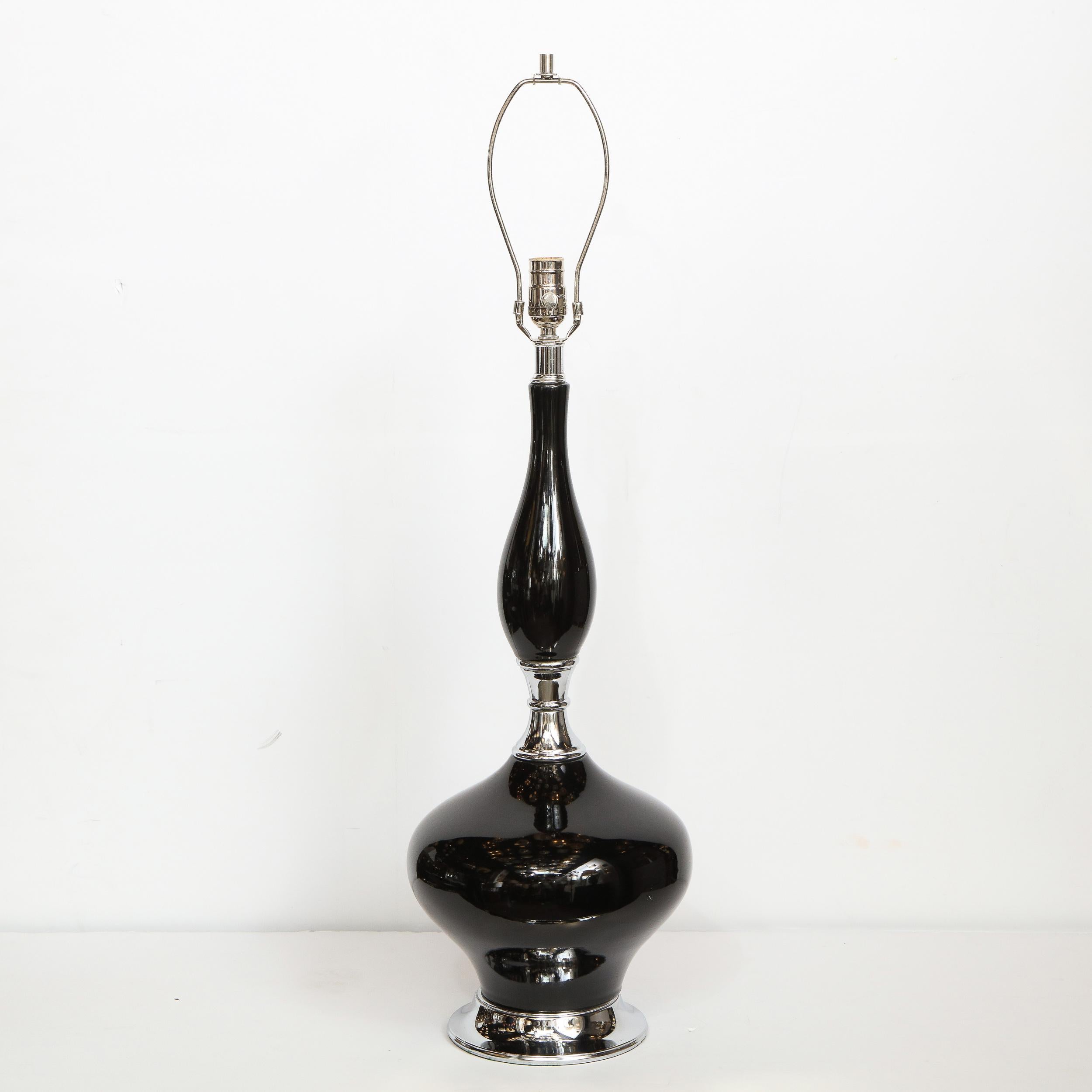 Mid-Century Modern Sculptural Black Glazed Ceramic Lamp with Chrome Base For Sale 2