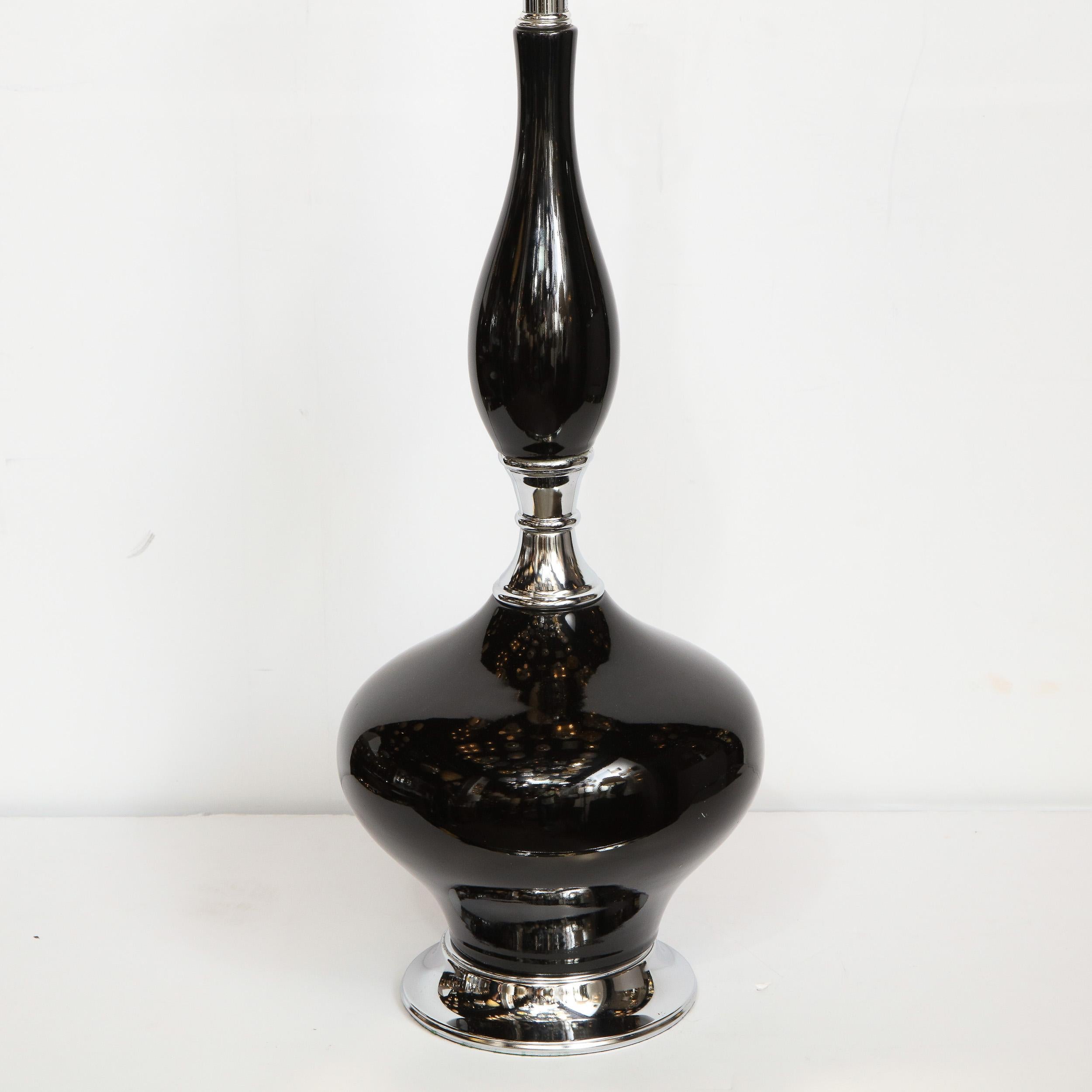 Mid-Century Modern Sculptural Black Glazed Ceramic Lamp with Chrome Base For Sale 3