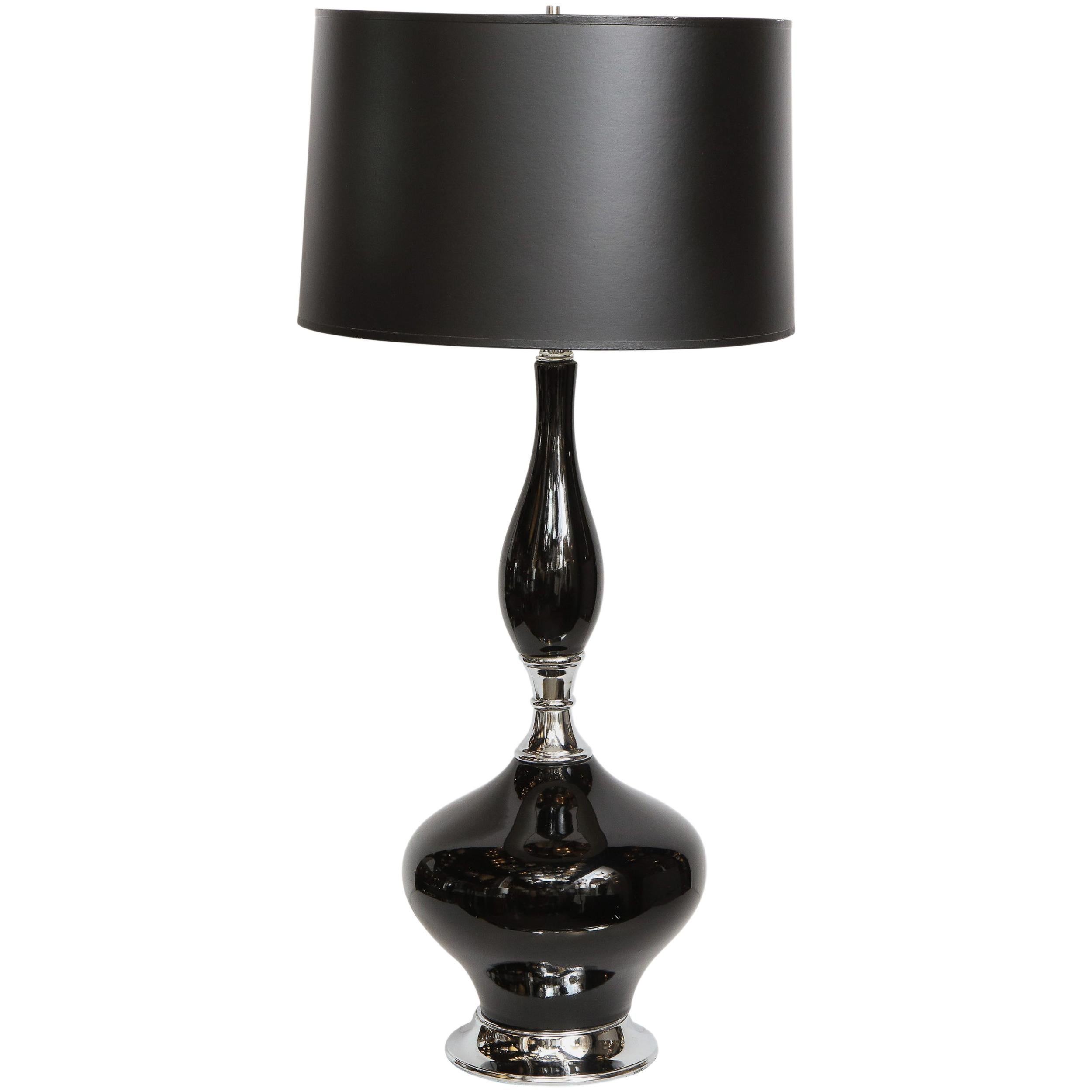 Mid-Century Modern Sculptural Black Glazed Ceramic Lamp with Chrome Base For Sale