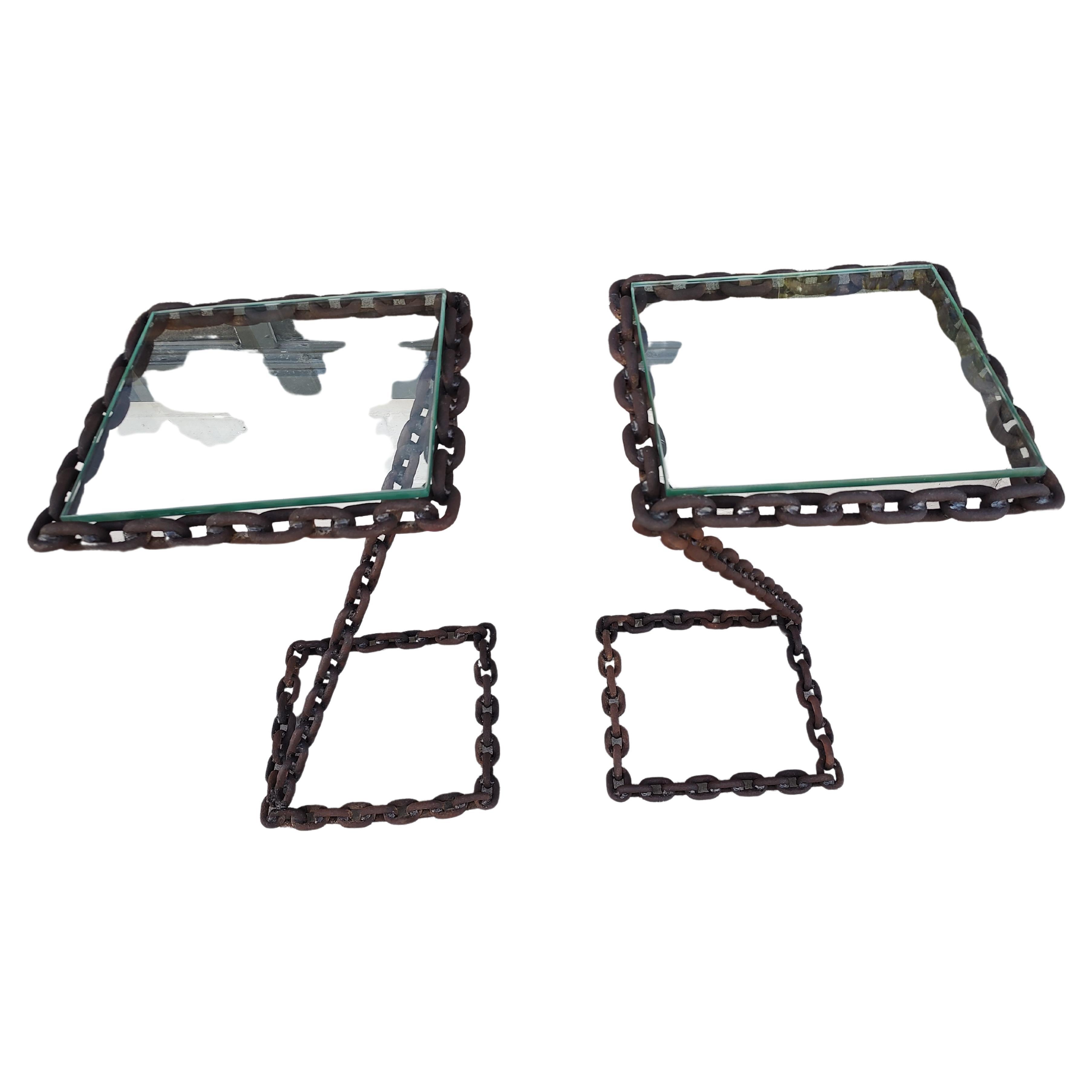 Mid Century Modern Sculptural Brutalist Iron Chain Rope End Tables