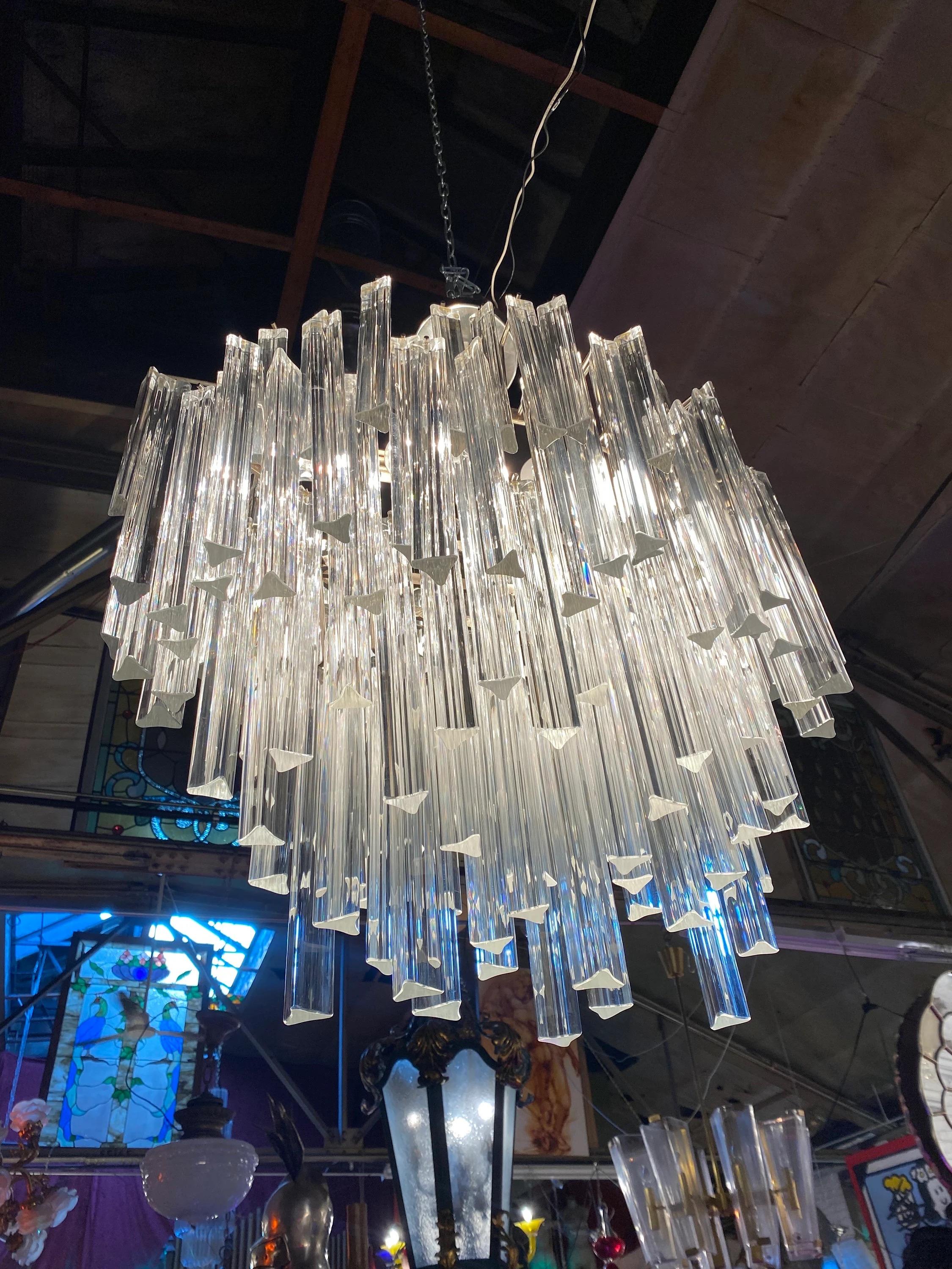 Italian Mid Century Modern Sculptural Camer Murano Glass Multi Tier Prism Chandelier