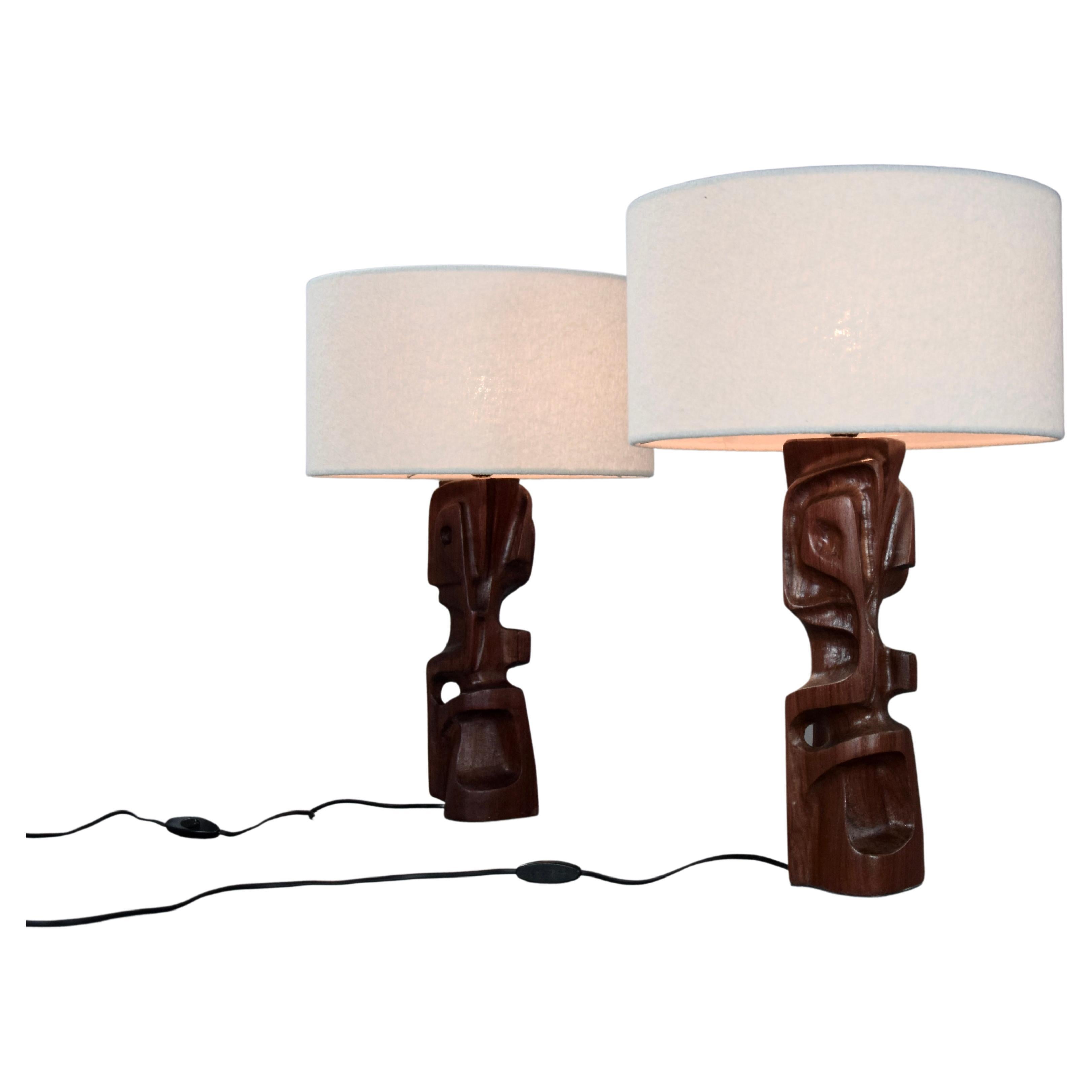 Mid-Century Modern Sculptural Carved Wooden Table Lamps by Gianni Pinna Italy For Sale