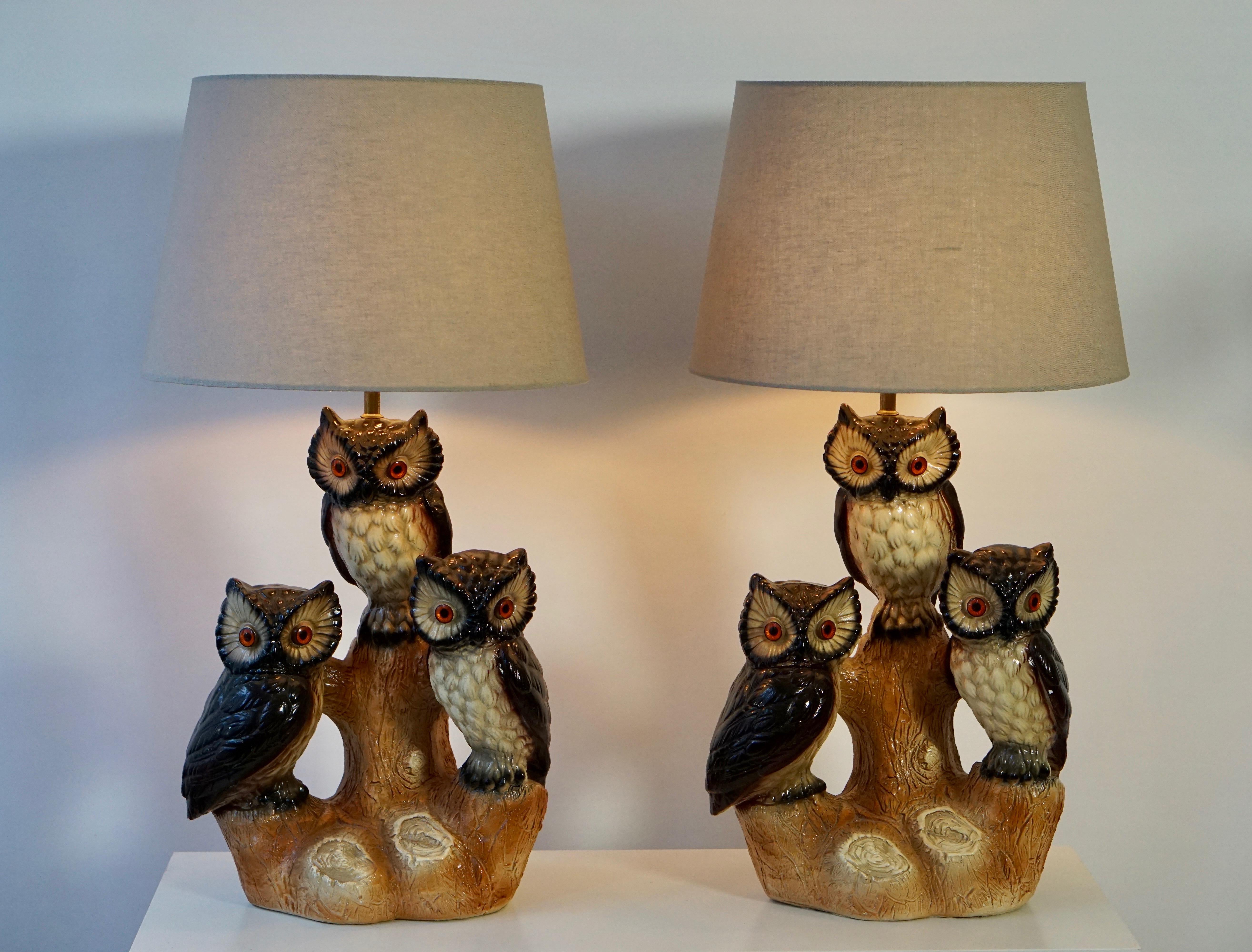 Italian Mid-Century Modern Sculptural Ceramic Owl Lamps, 1970s For Sale