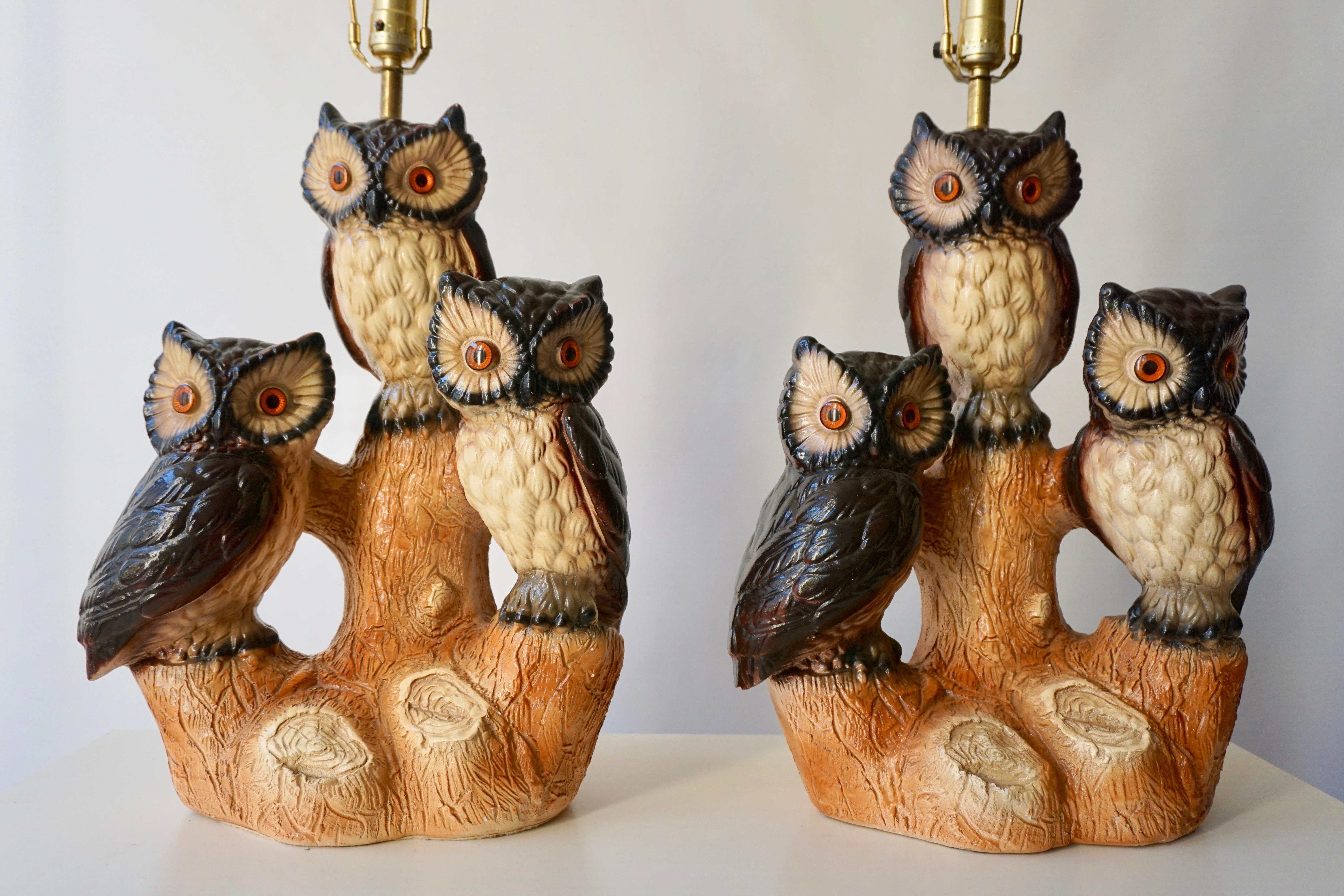 Brass Mid-Century Modern Sculptural Ceramic Owl Lamps, 1970s For Sale