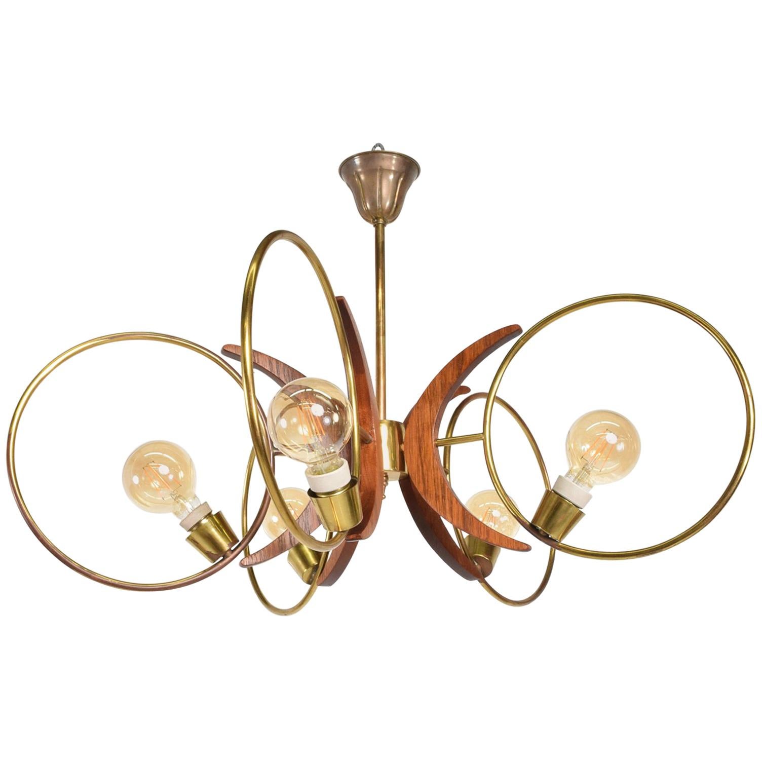 Midcentury Modern Sculptural Chandelier 5 Ring Brass Mahogany Mexico City 1960s For Sale