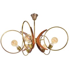 Midcentury Modern Sculptural Chandelier 5 Ring Brass Mahogany Mexico City 1960s
