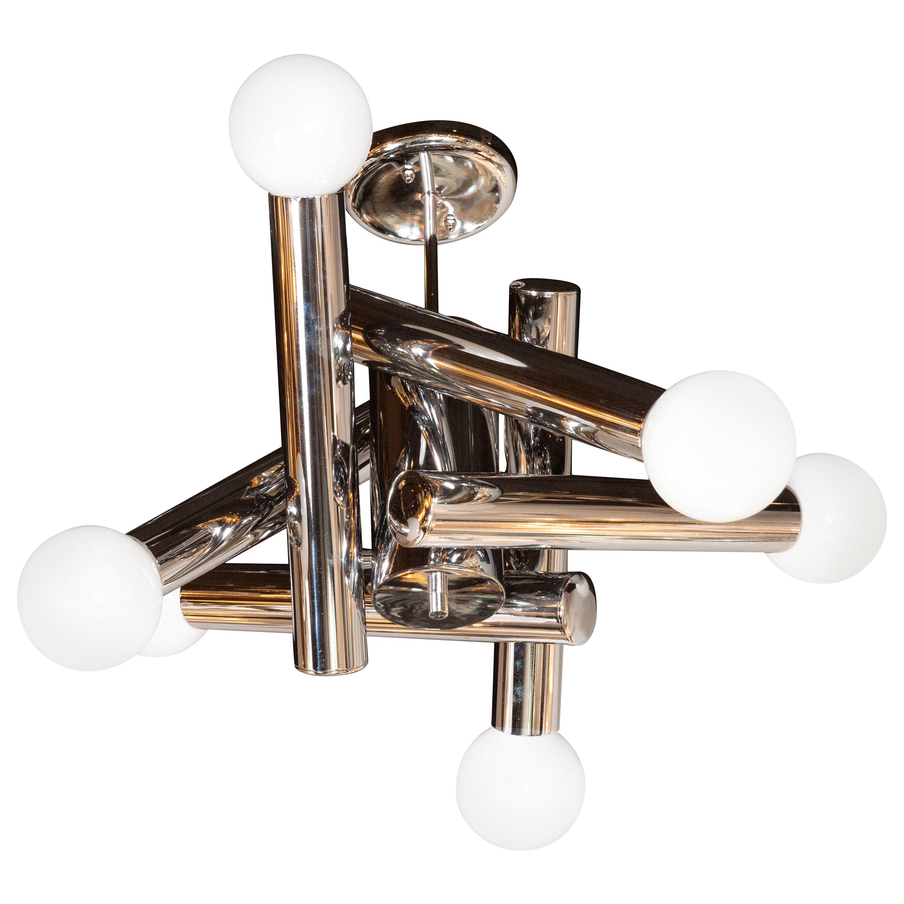 Mid-Century Modern Sculptural Chandelier in Chrome and Frosted Glass by Sciolari