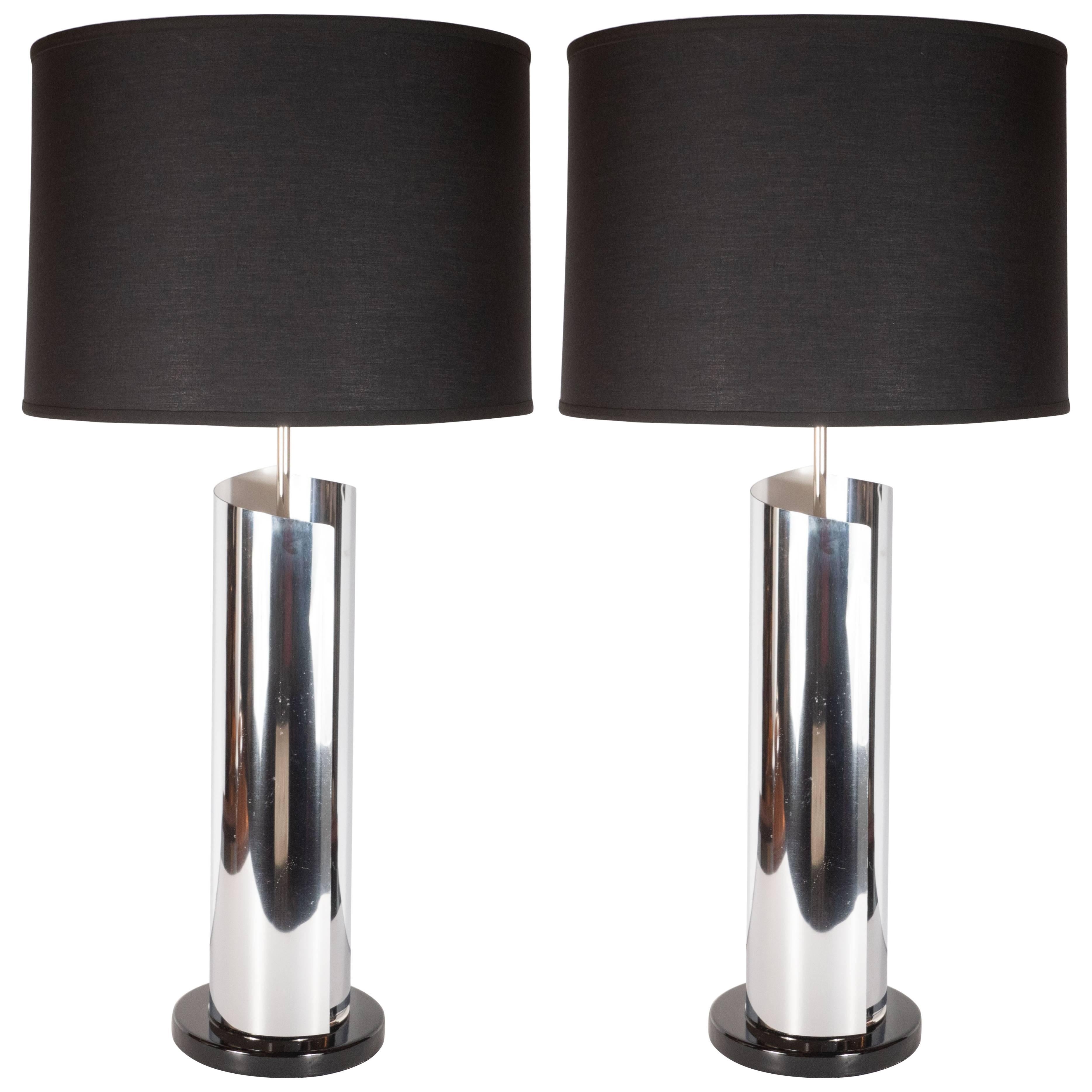 Mid-Century Modern Sculptural Chrome, Black and Cream Enamel Table Lamps