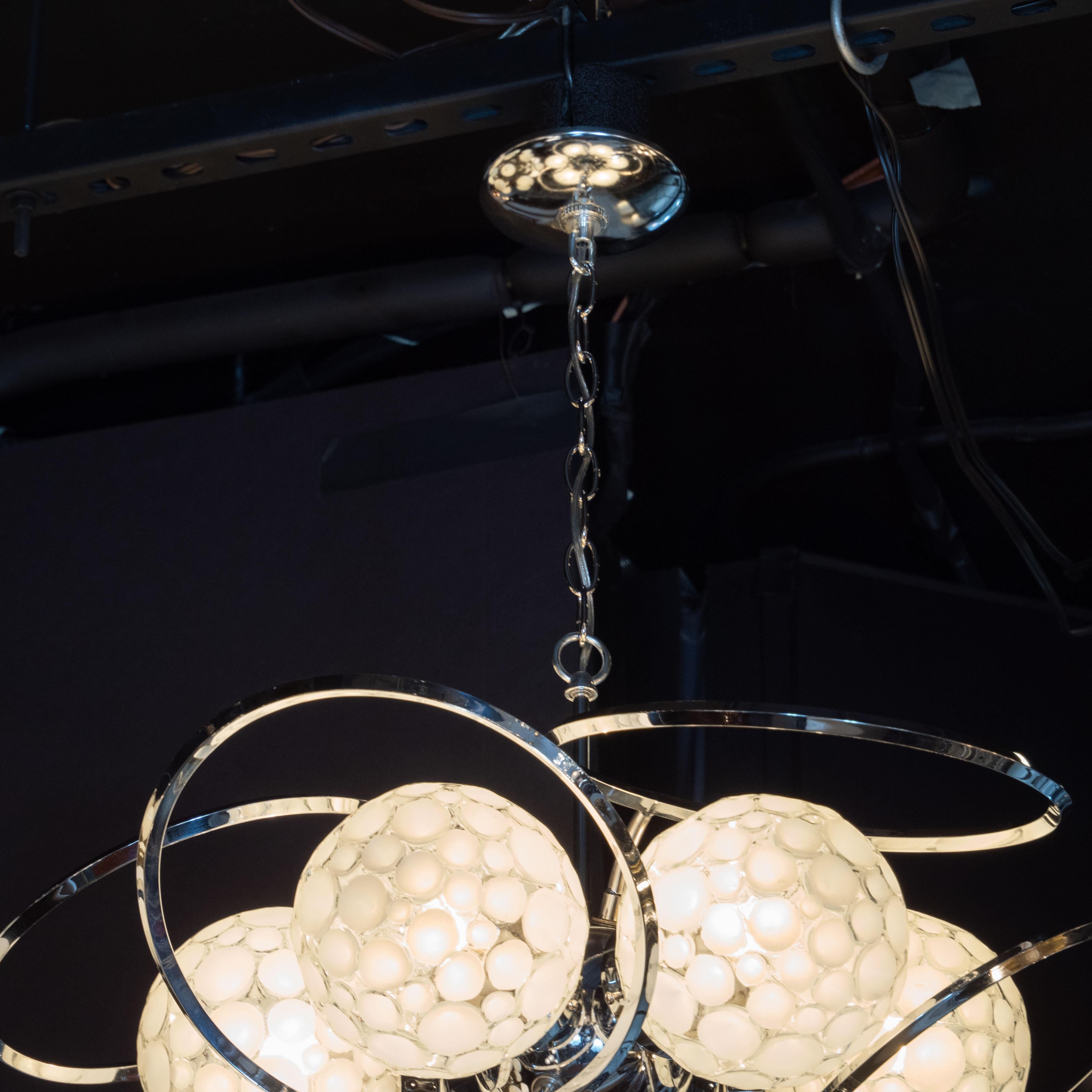 Mid-Century Modern Sculptural Chrome & Translucent Textured Glass Orb Chandelier In Excellent Condition In New York, NY
