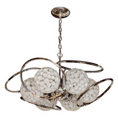Vintage Mid-Century Modern Sculptural Chrome & Translucent Textured Glass Orb Chandelier
