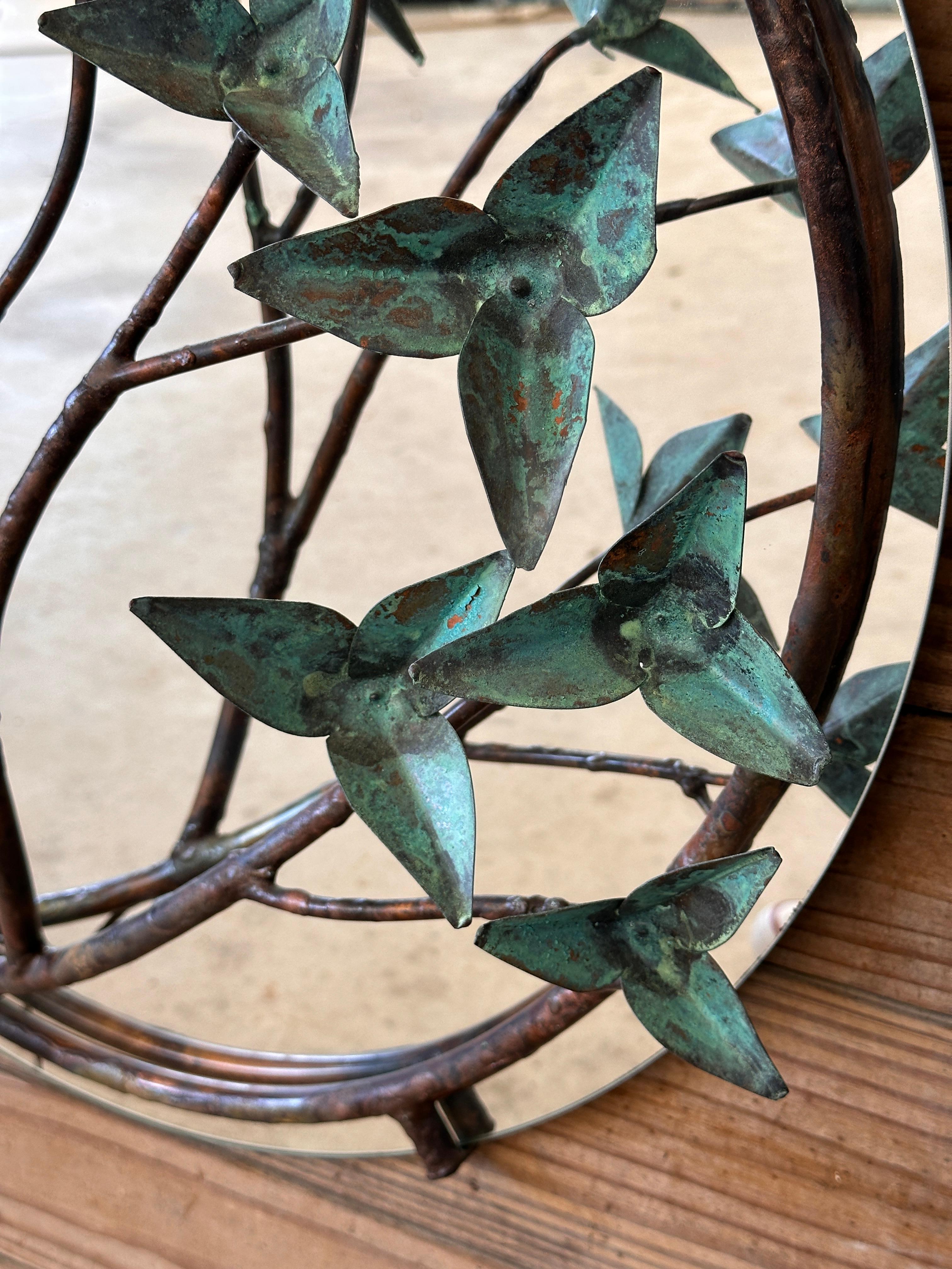 Mid-Century Modern Sculptural Copper and Verdigris Botanical wall Mirror For Sale 4