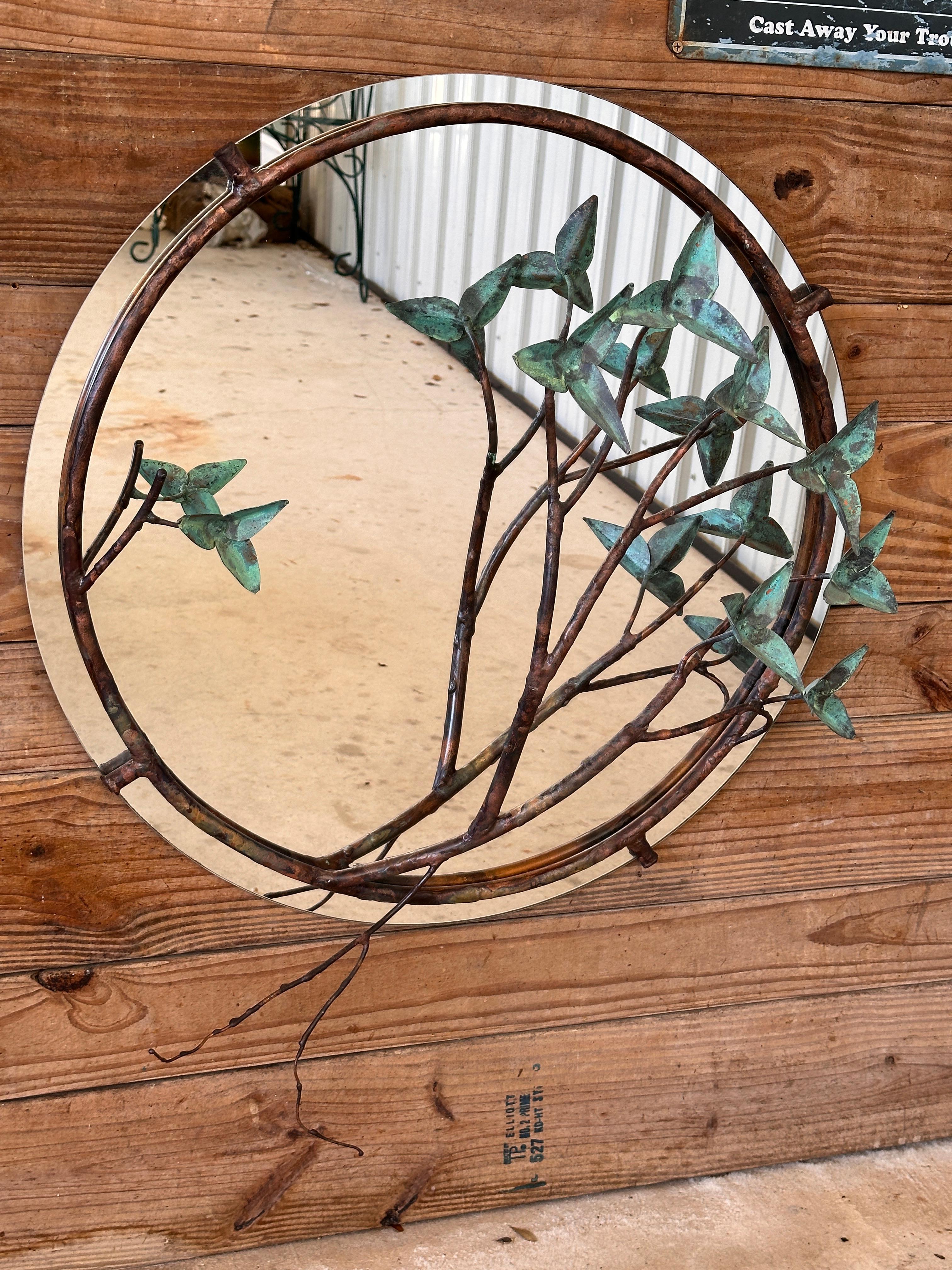 Mid-Century Modern Sculptural Copper and Verdigris Botanical wall Mirror For Sale 5