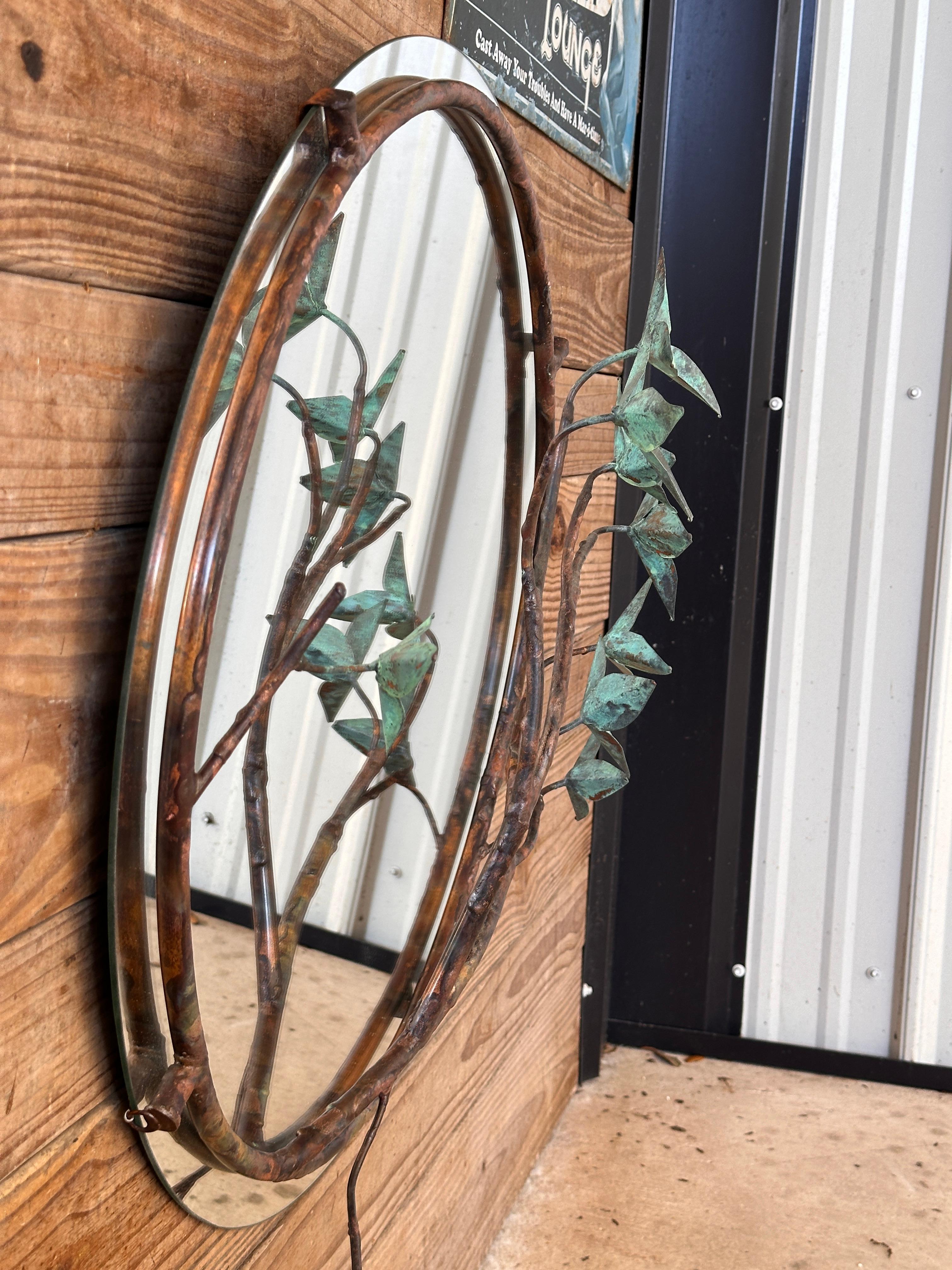 Mid-Century Modern Sculptural Copper and Verdigris Botanical wall Mirror For Sale 6