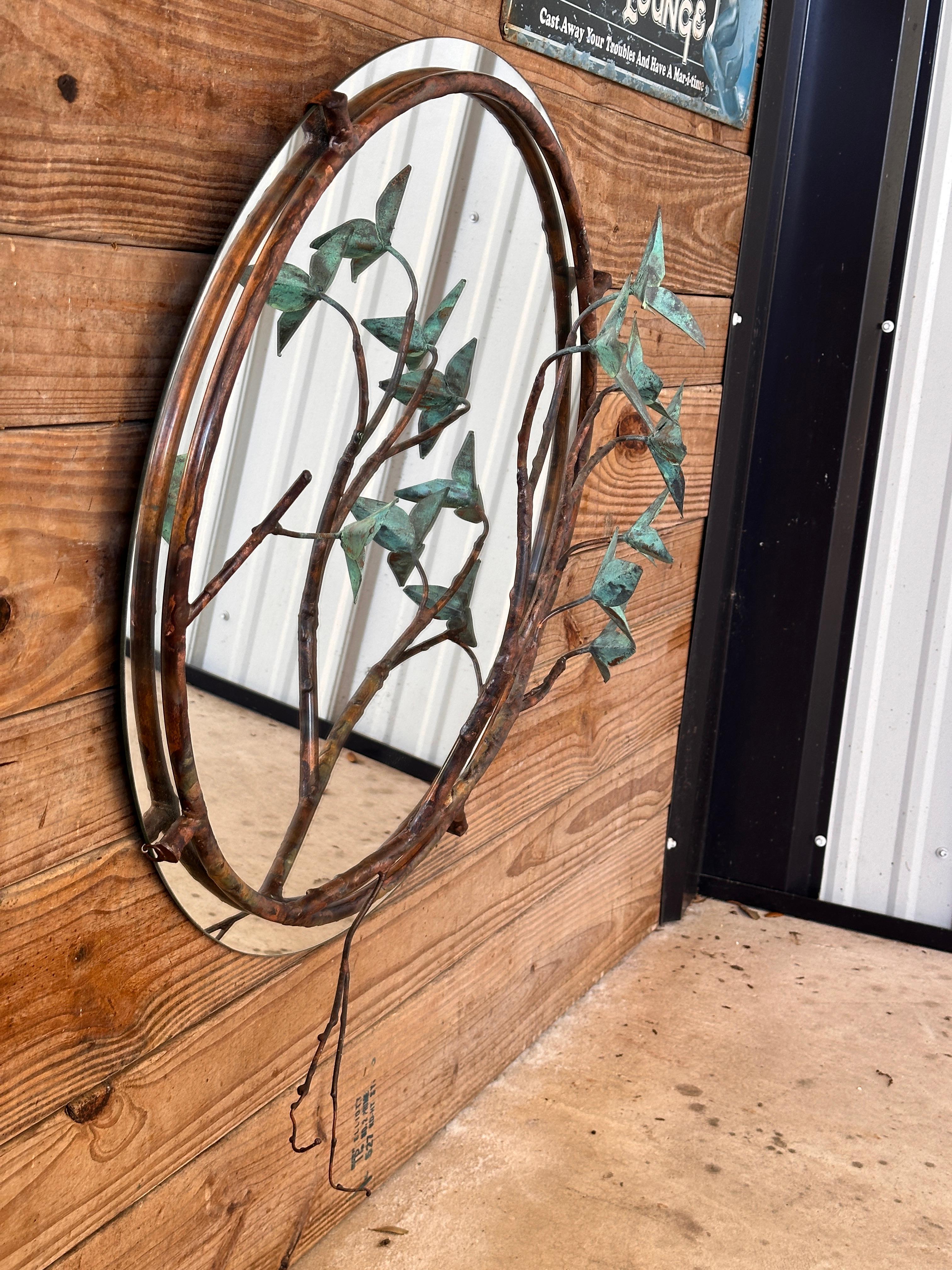 Mid-Century Modern Sculptural Copper and Verdigris Botanical wall Mirror For Sale 7
