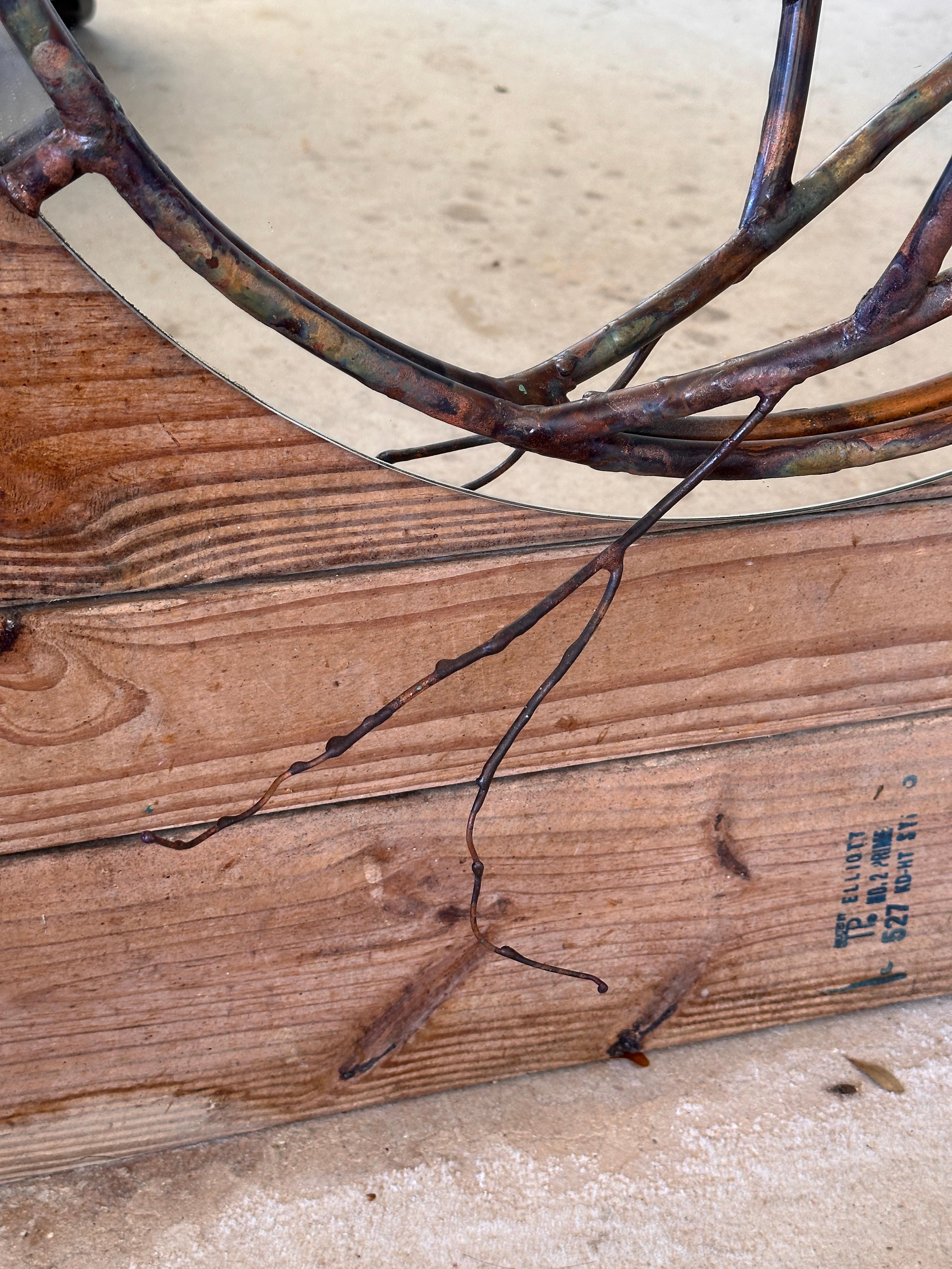Hand-Crafted Mid-Century Modern Sculptural Copper and Verdigris Botanical wall Mirror For Sale
