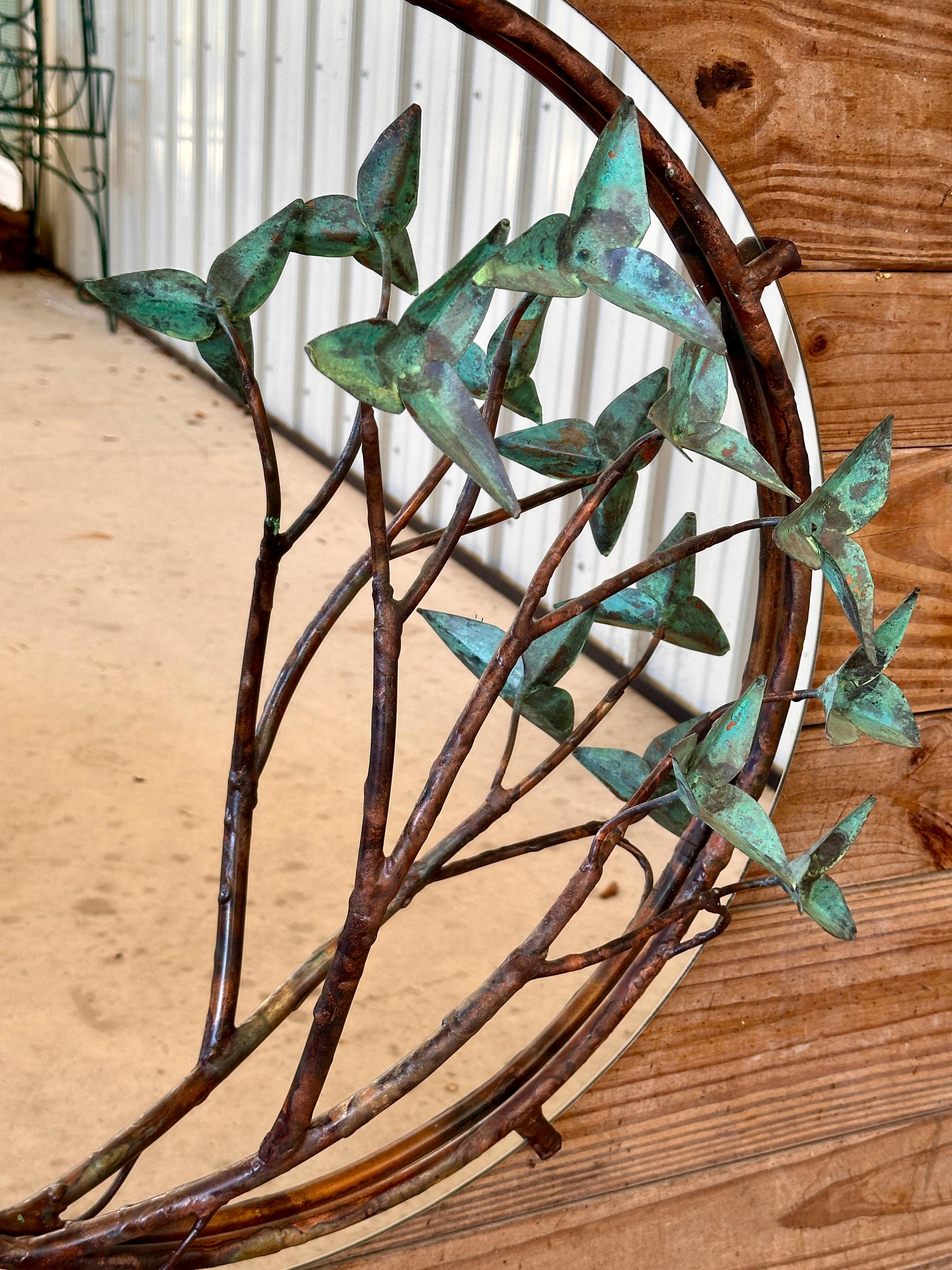 Mid-Century Modern Sculptural Copper and Verdigris Botanical wall Mirror In Good Condition For Sale In North Fort Myers, FL