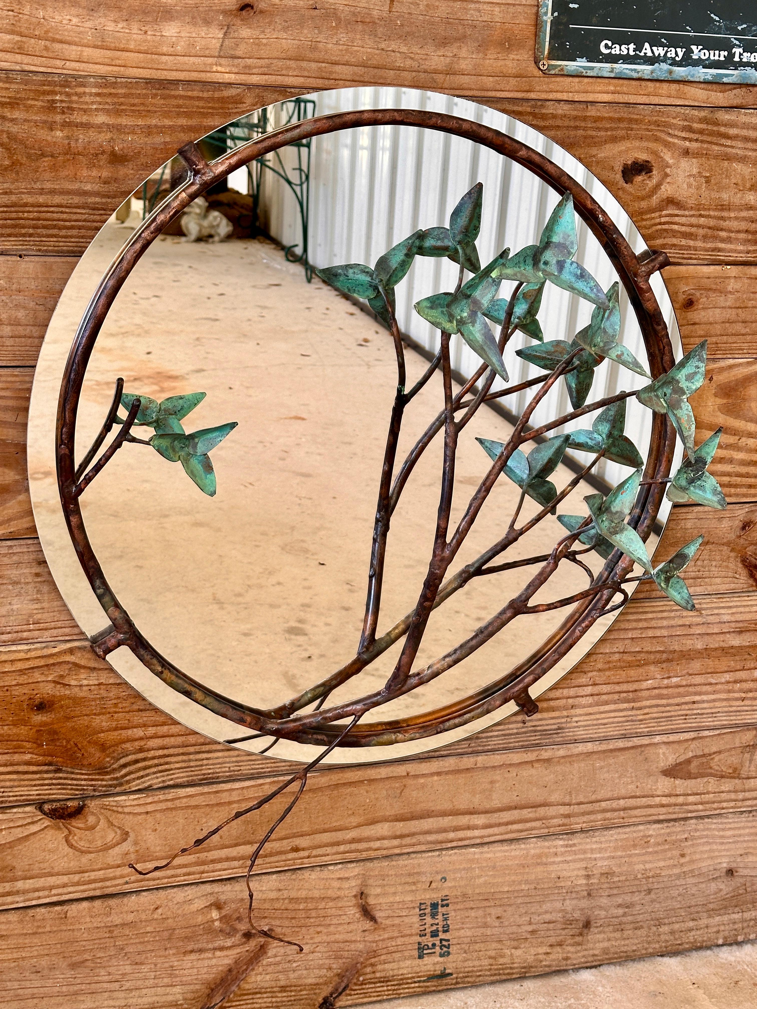 20th Century Mid-Century Modern Sculptural Copper and Verdigris Botanical wall Mirror For Sale