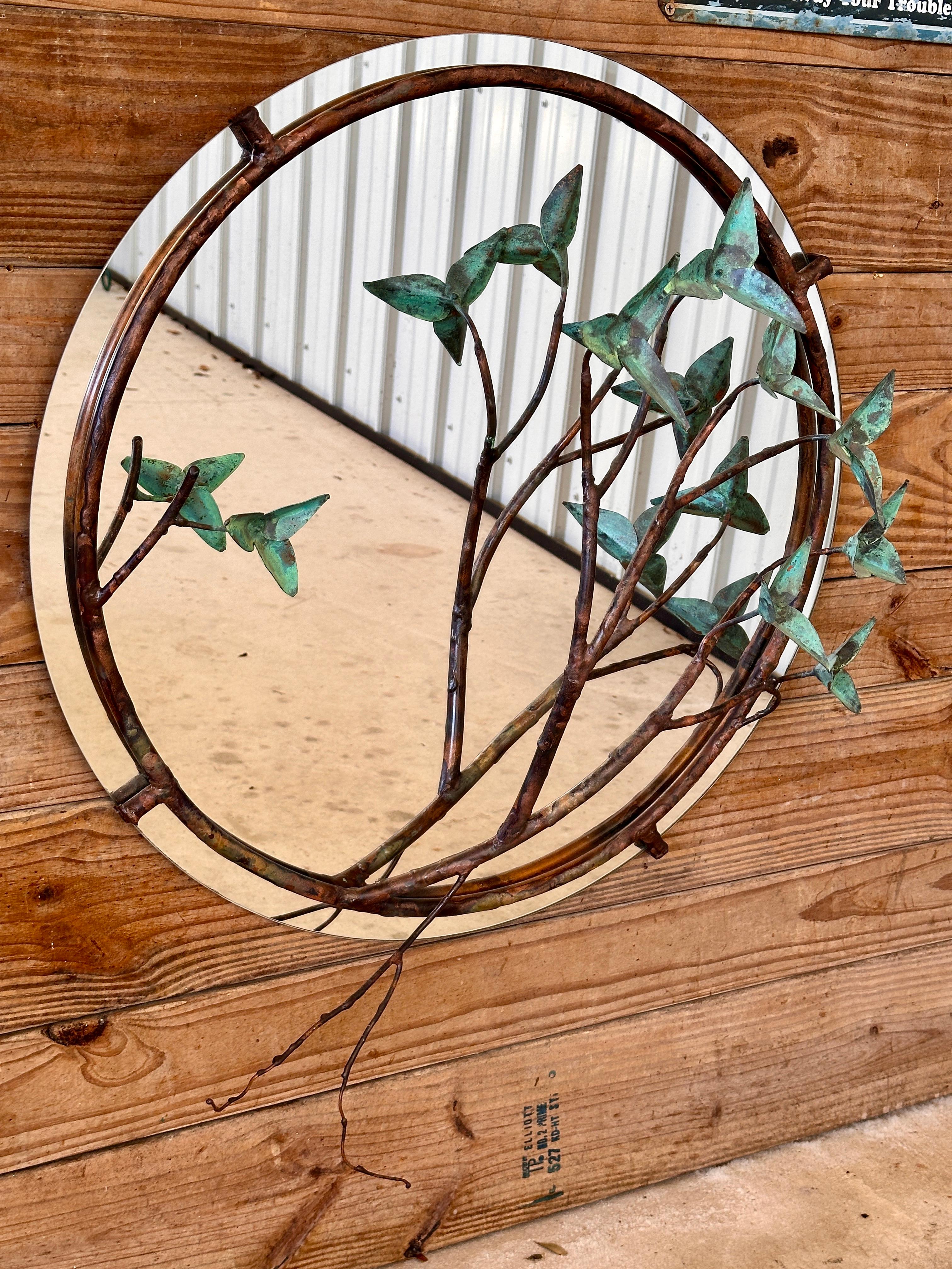 Mid-Century Modern Sculptural Copper and Verdigris Botanical wall Mirror For Sale 1