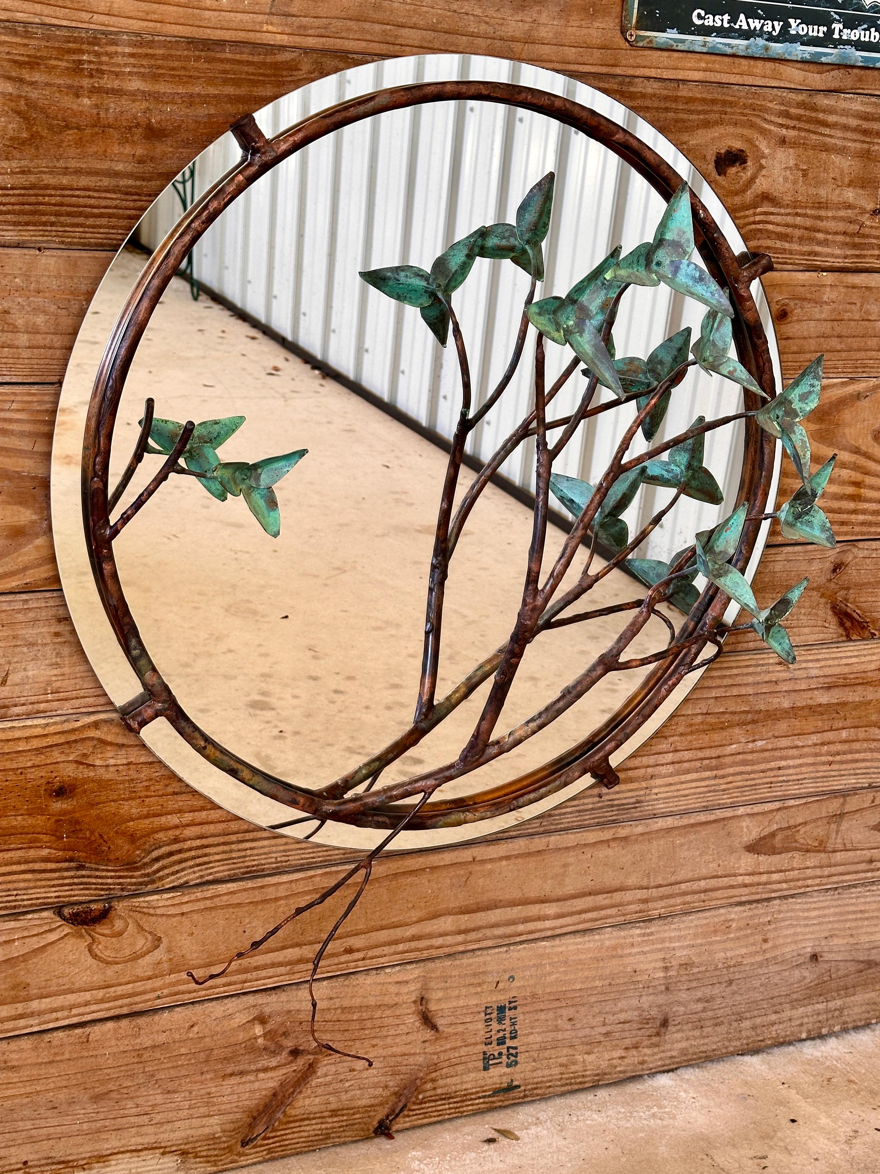 Mid-Century Modern Sculptural Copper and Verdigris Botanical wall Mirror For Sale 2