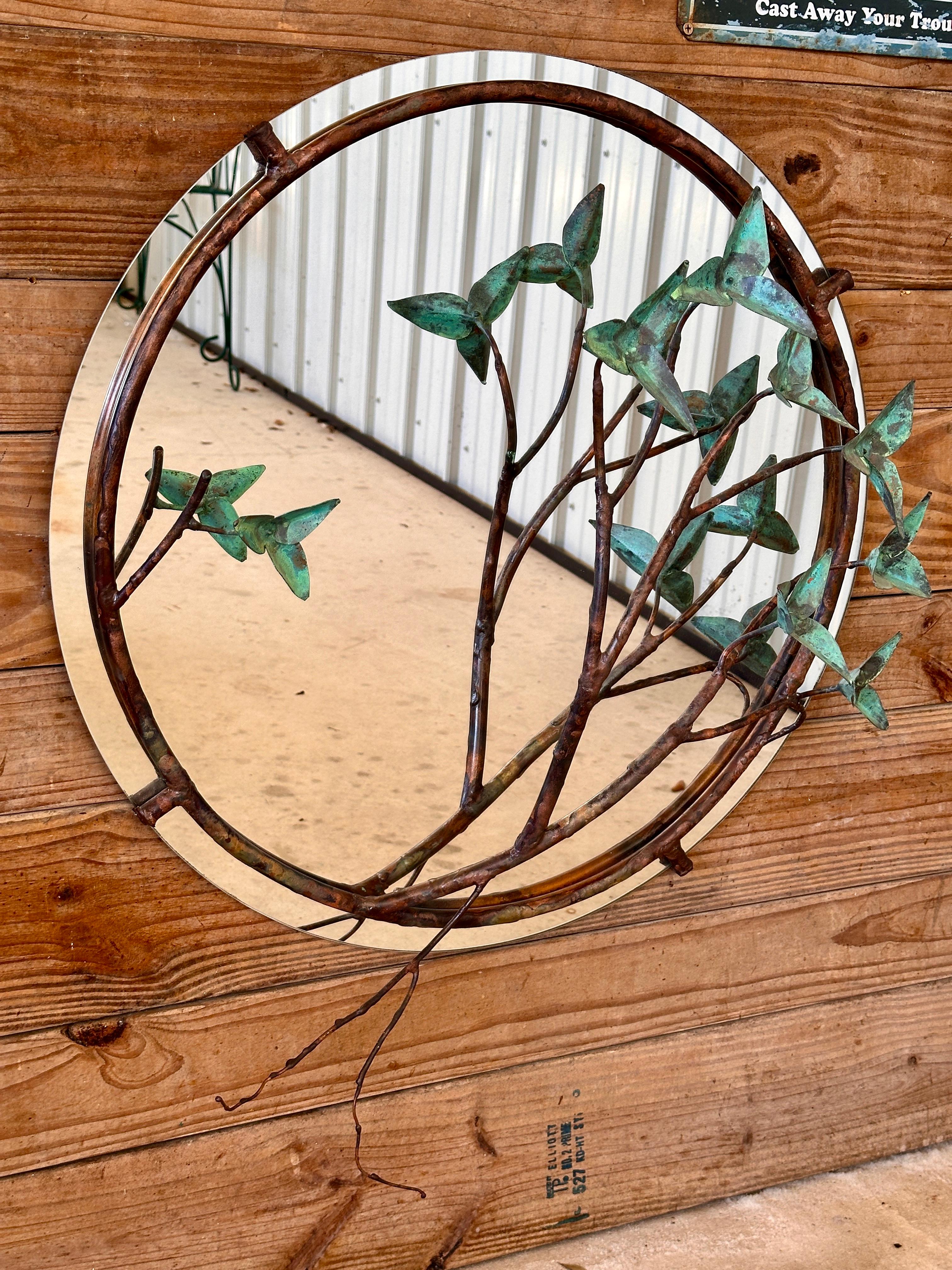 Mid-Century Modern Sculptural Copper and Verdigris Botanical wall Mirror For Sale 3