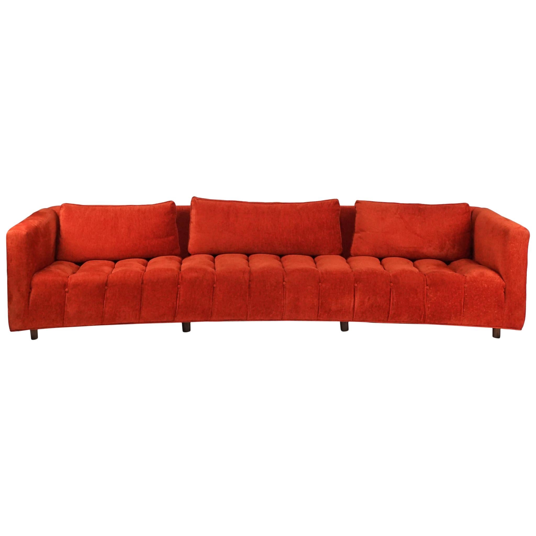 Mid-Century Modern Sculptural Curved Tufted Erwin Lambeth Sofa in Red