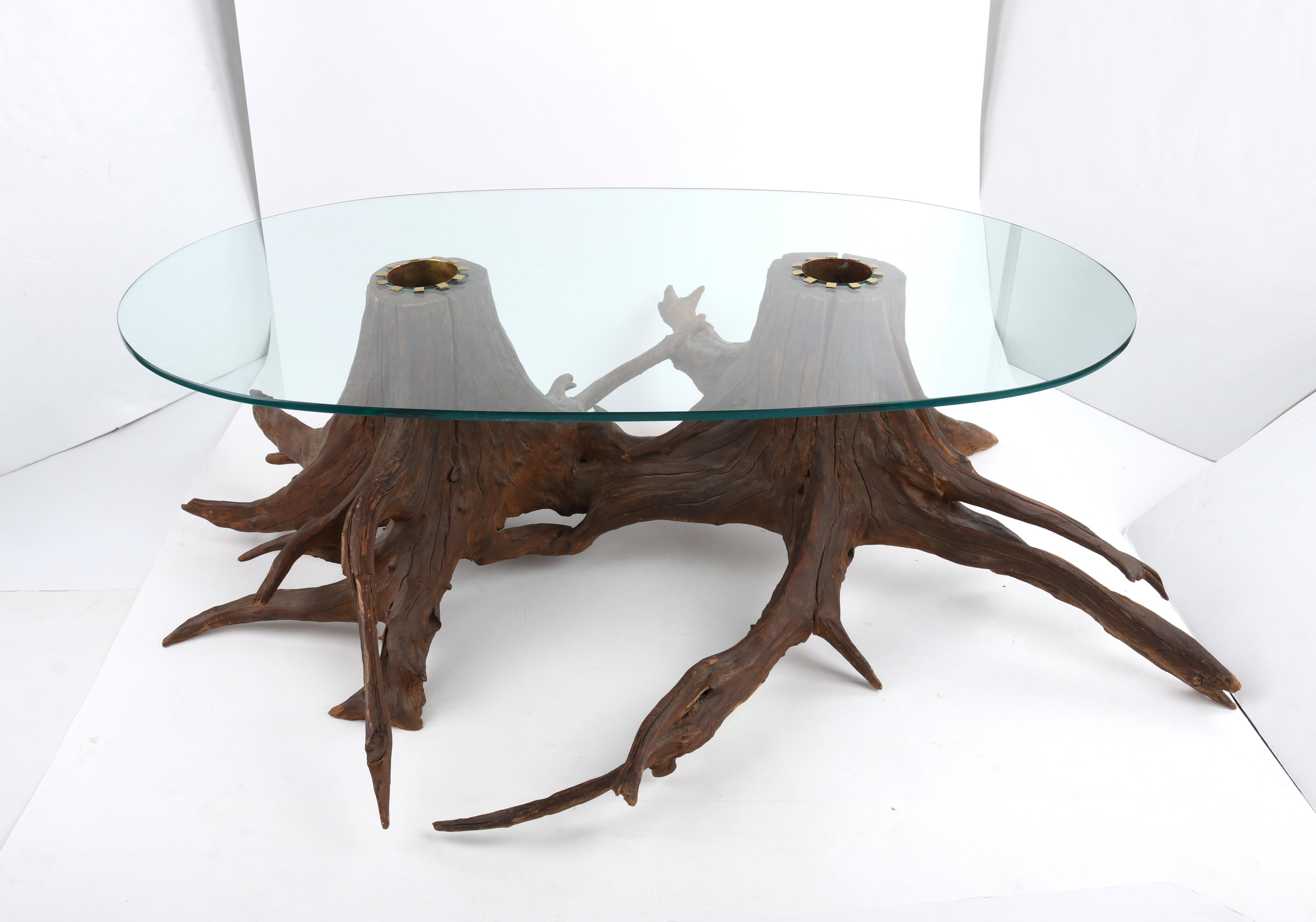 Mid-Century moderno Tavolino da centro scultoreo Driftwood in vetro con inserto per fioriera, del periodo del Mid-Century Modern in vendita