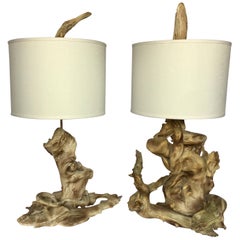 Mid-Century Modern Sculptural Driftwood Table Lamps in Gesso