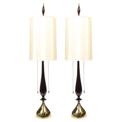 Vintage Mid-Century Modern Sculptural Ebonized Walnut & Brass Tear Drop Table Lamps