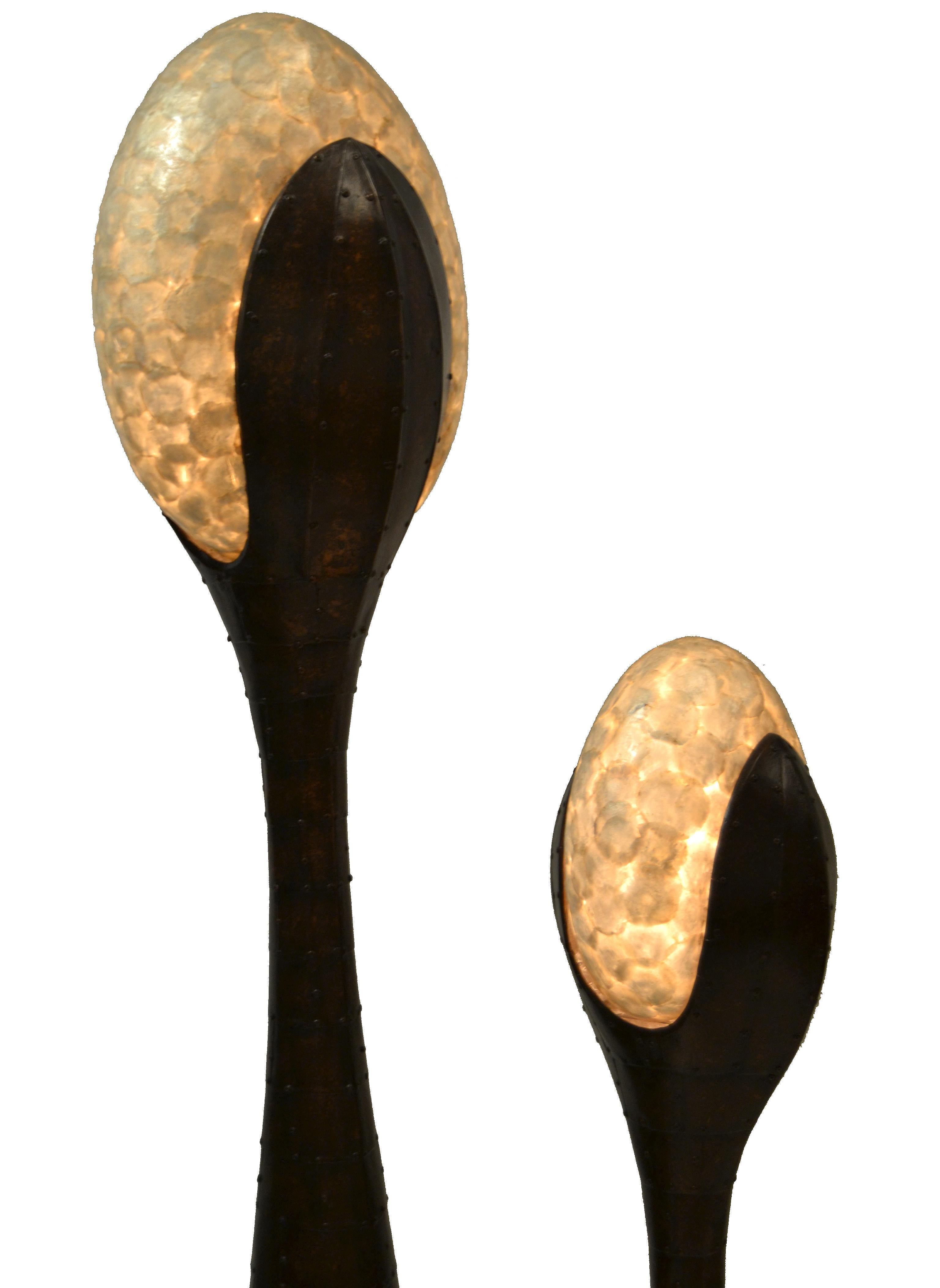 Copper Set 2 Mid-Century Modern Sculptural Fiberglass and Mother of Pearl Floor Lamps  For Sale