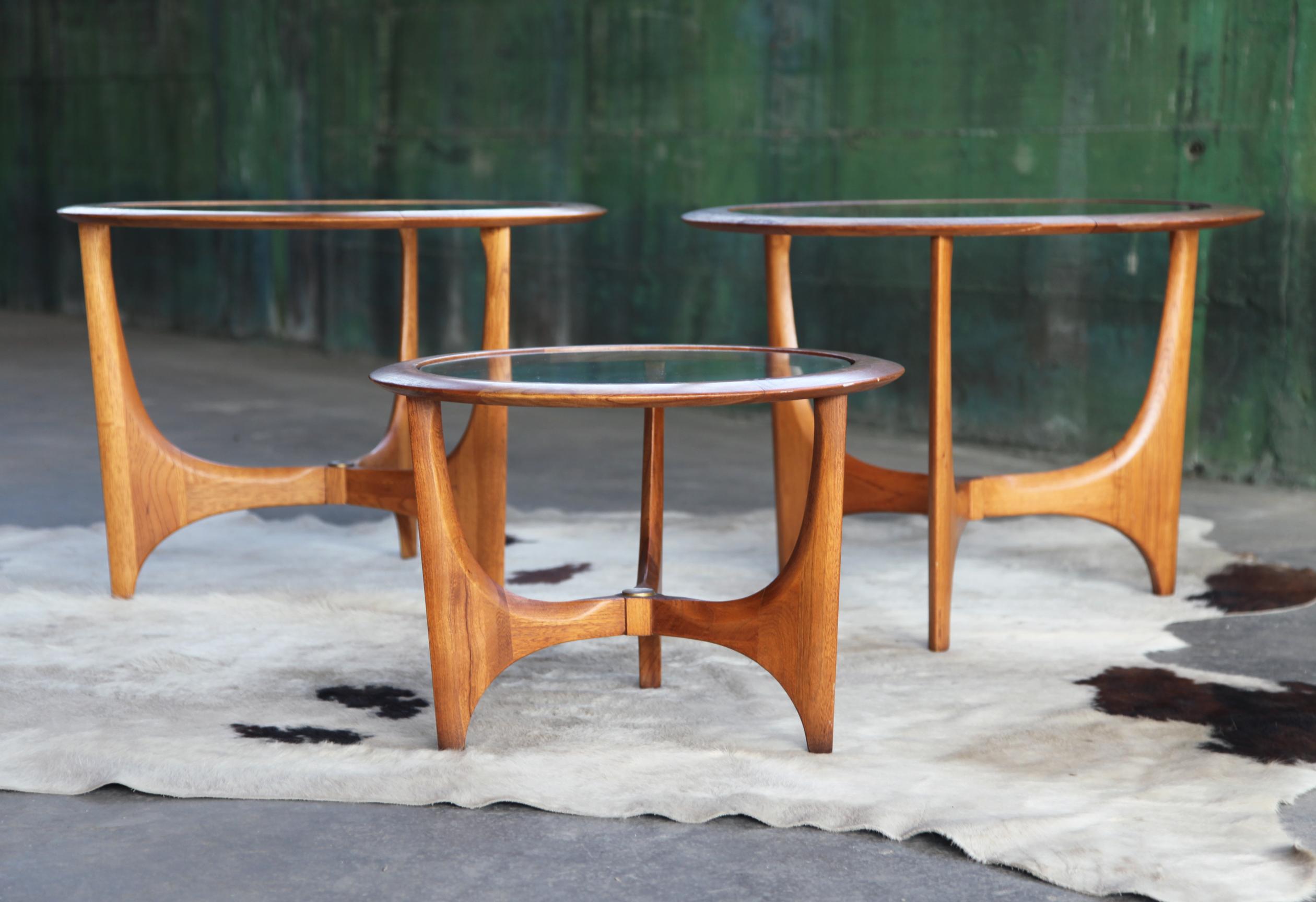 Stunning, very rare set of Lane Silhouette series End tables attributed to Adrian Pearsall for Craft Associates. There are two perfectly sized multi-use end tables, and one equally perfectly sized smaller end, coffee or cocktail table. Iconic bases