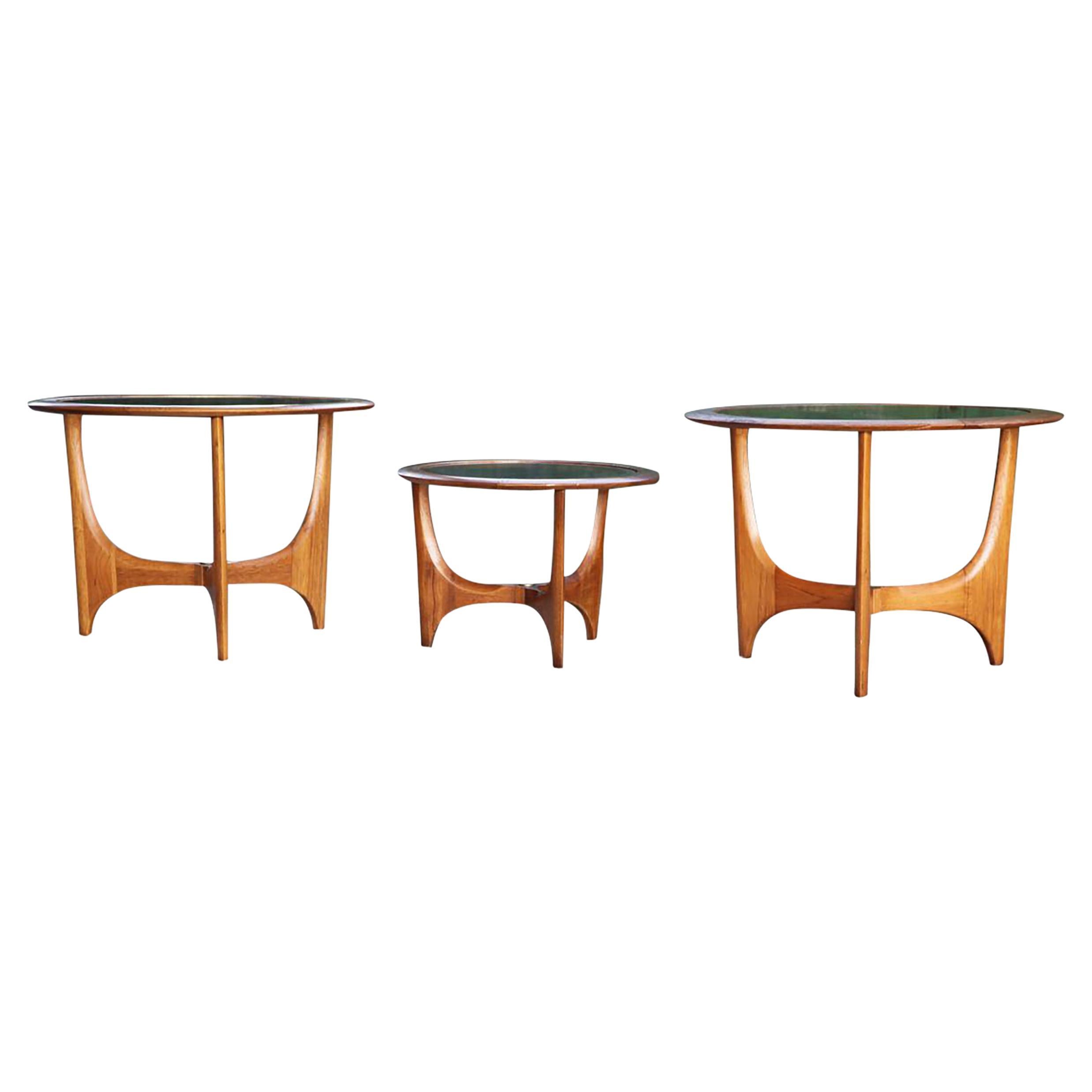 Mid-Century Modern Sculptural Glass Walnut End Tables, Set of 3