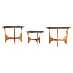 Retro Mid-Century Modern Sculptural Glass Walnut End Tables, Set of 3