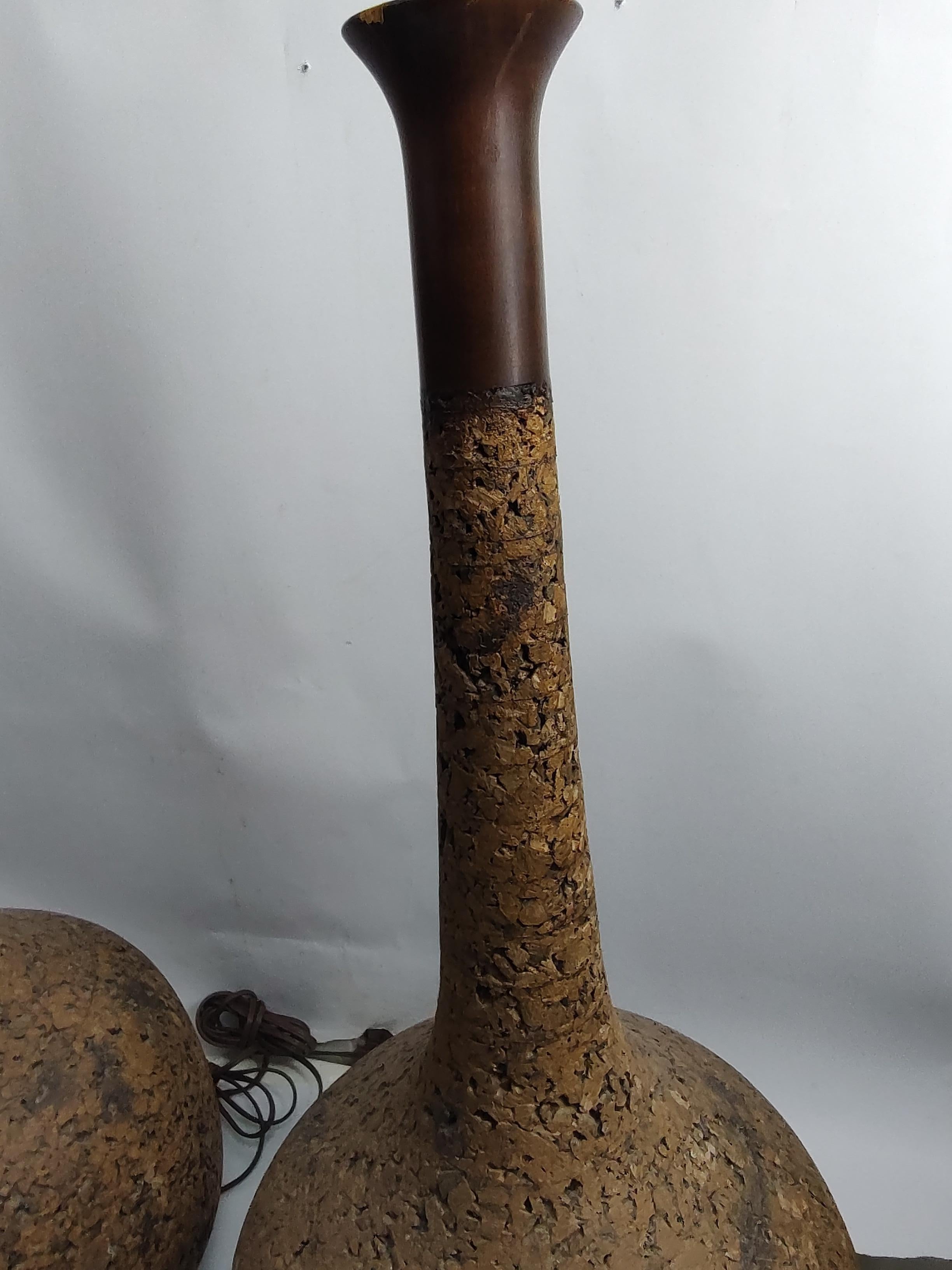 Mid Century Modern Sculptural Gourd Shaped Cork Table Lamps C1960 For Sale 9