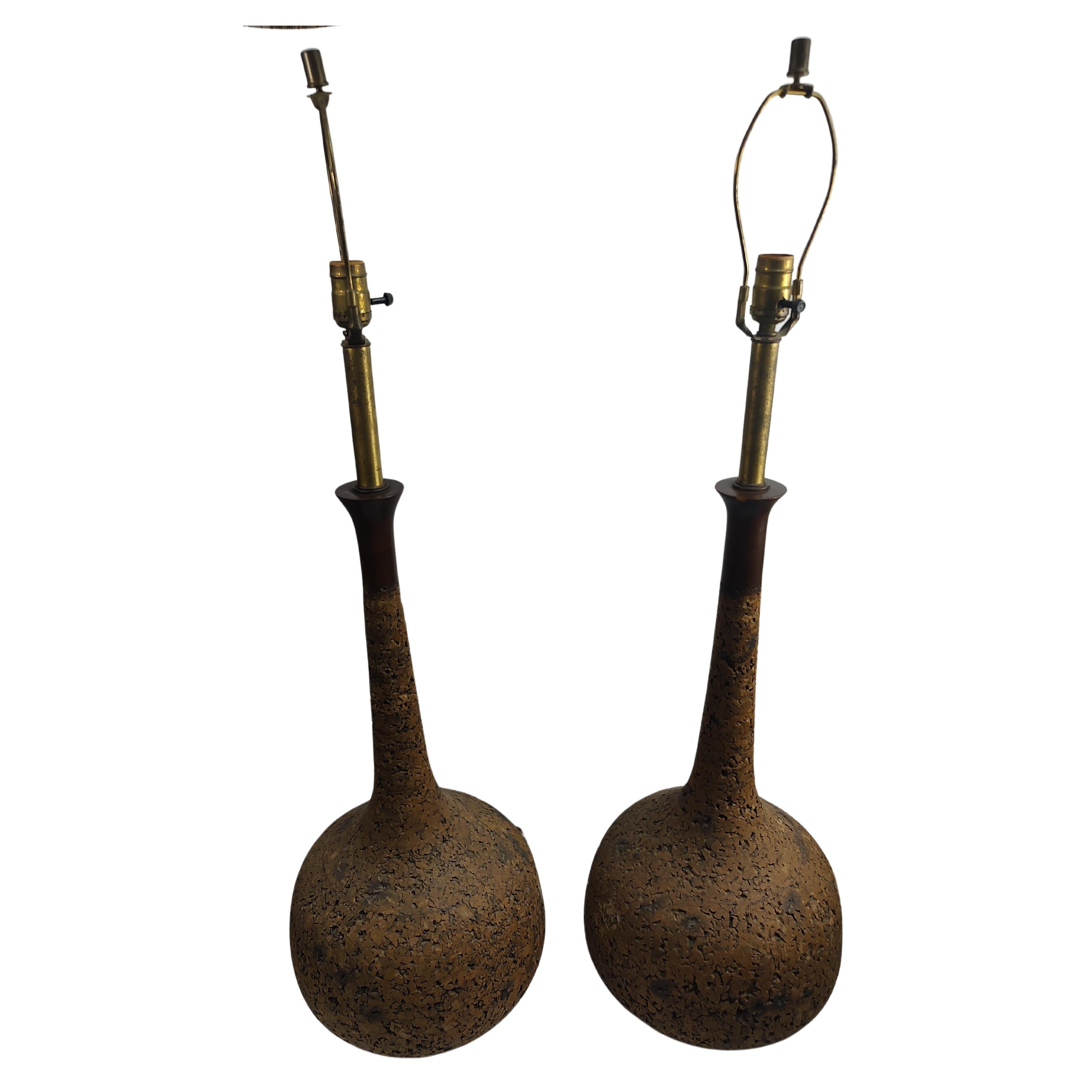 Mid Century Modern Sculptural Gourd Shaped Cork Table Lamps C1960 For Sale