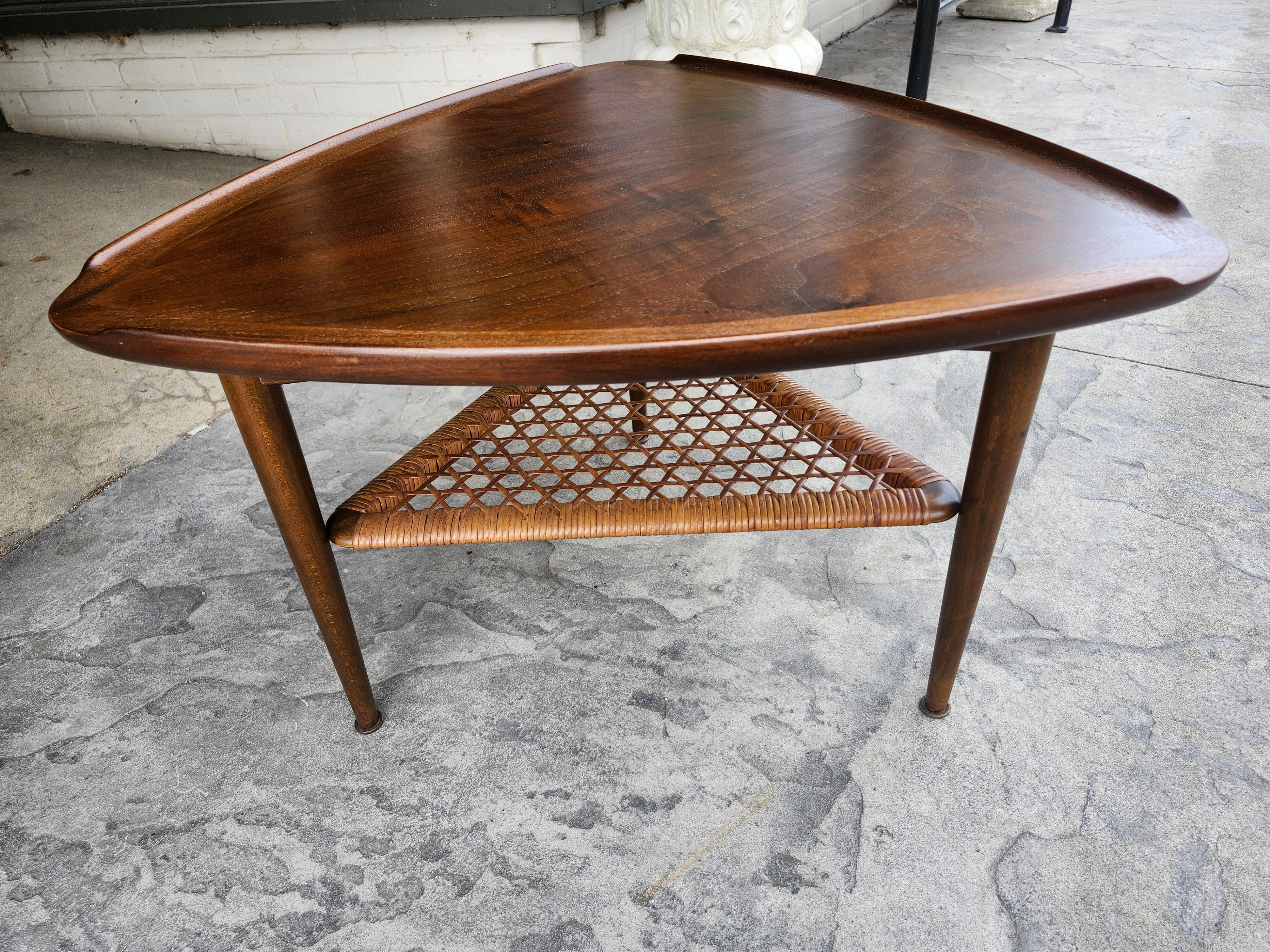 Cane Mid Century Modern Sculptural Guitar Pick End Table attributed to Poul Jensen