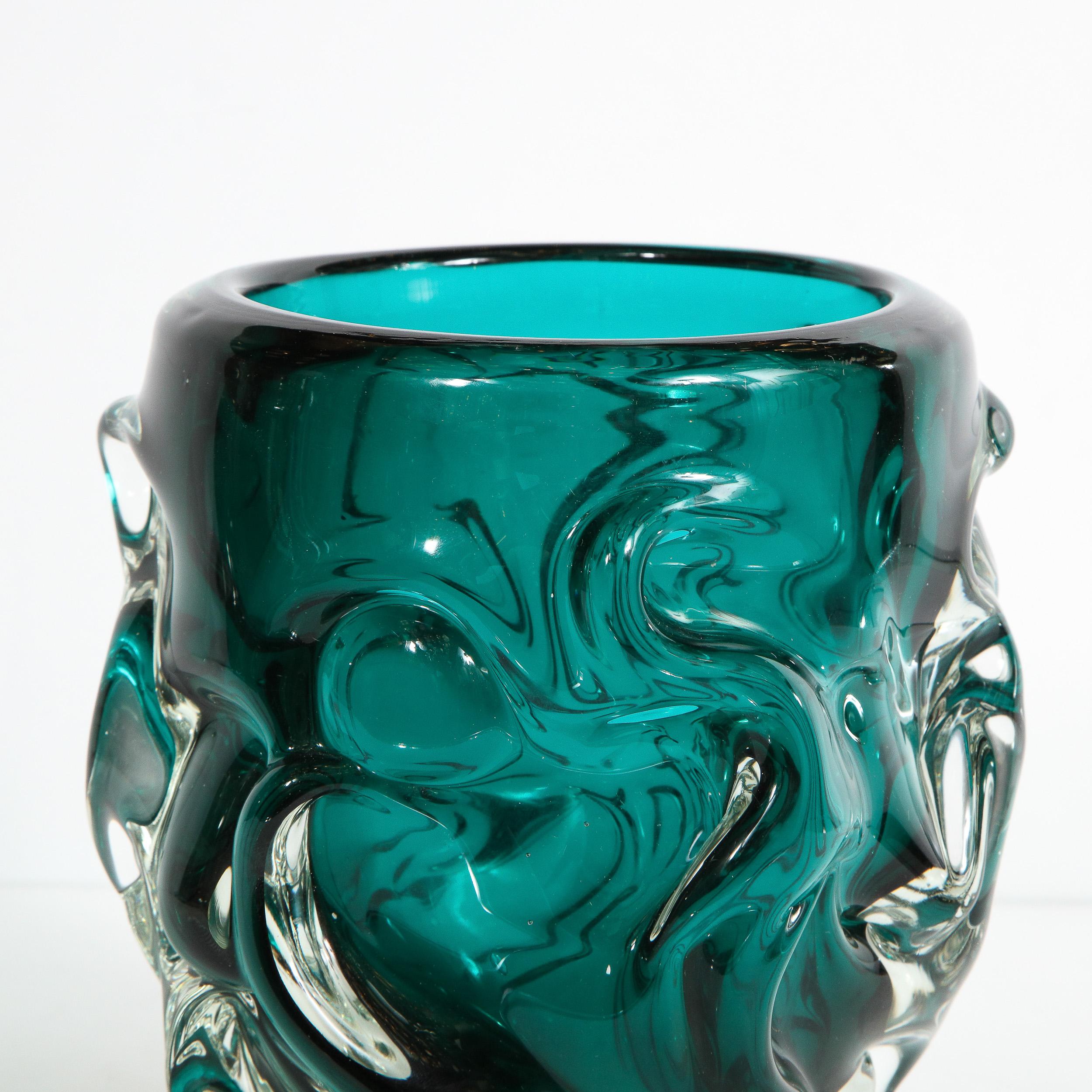 Italian Mid-Century Modern Sculptural Hand Blown Murano Teal and Translucent Glass Vase