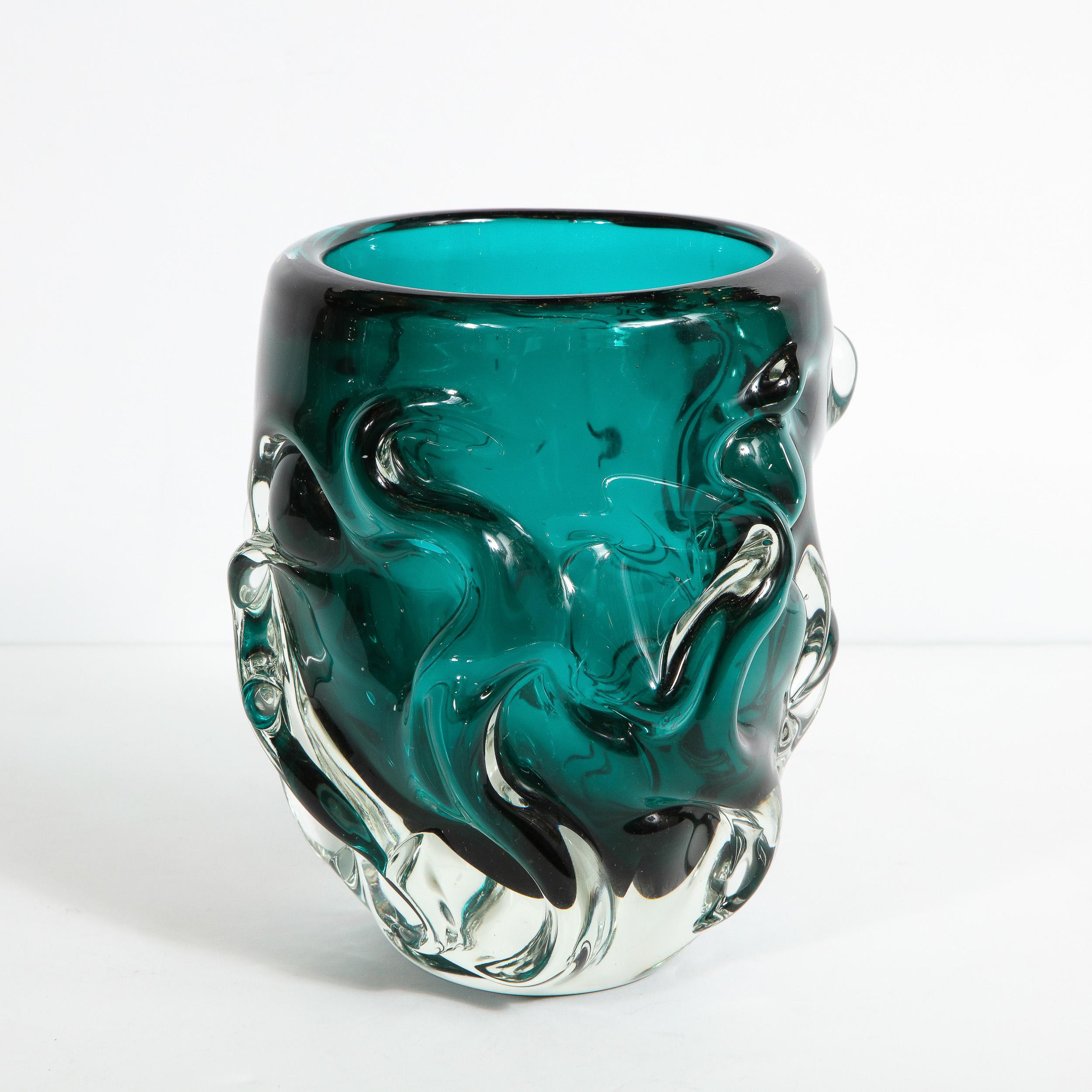 Mid-Century Modern Sculptural Hand Blown Murano Teal and Translucent Glass Vase In Excellent Condition In New York, NY