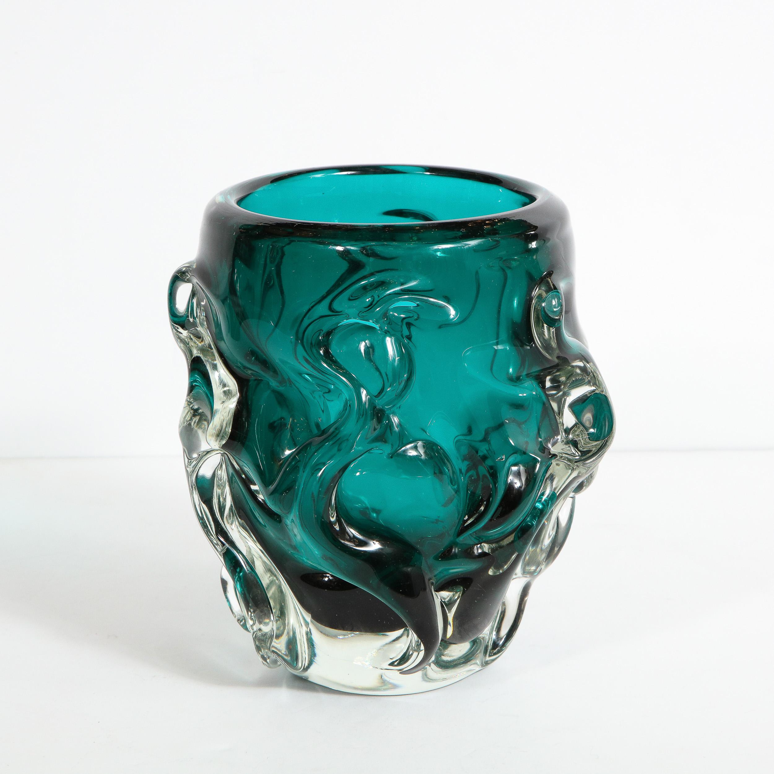 Mid-20th Century Mid-Century Modern Sculptural Hand Blown Murano Teal and Translucent Glass Vase