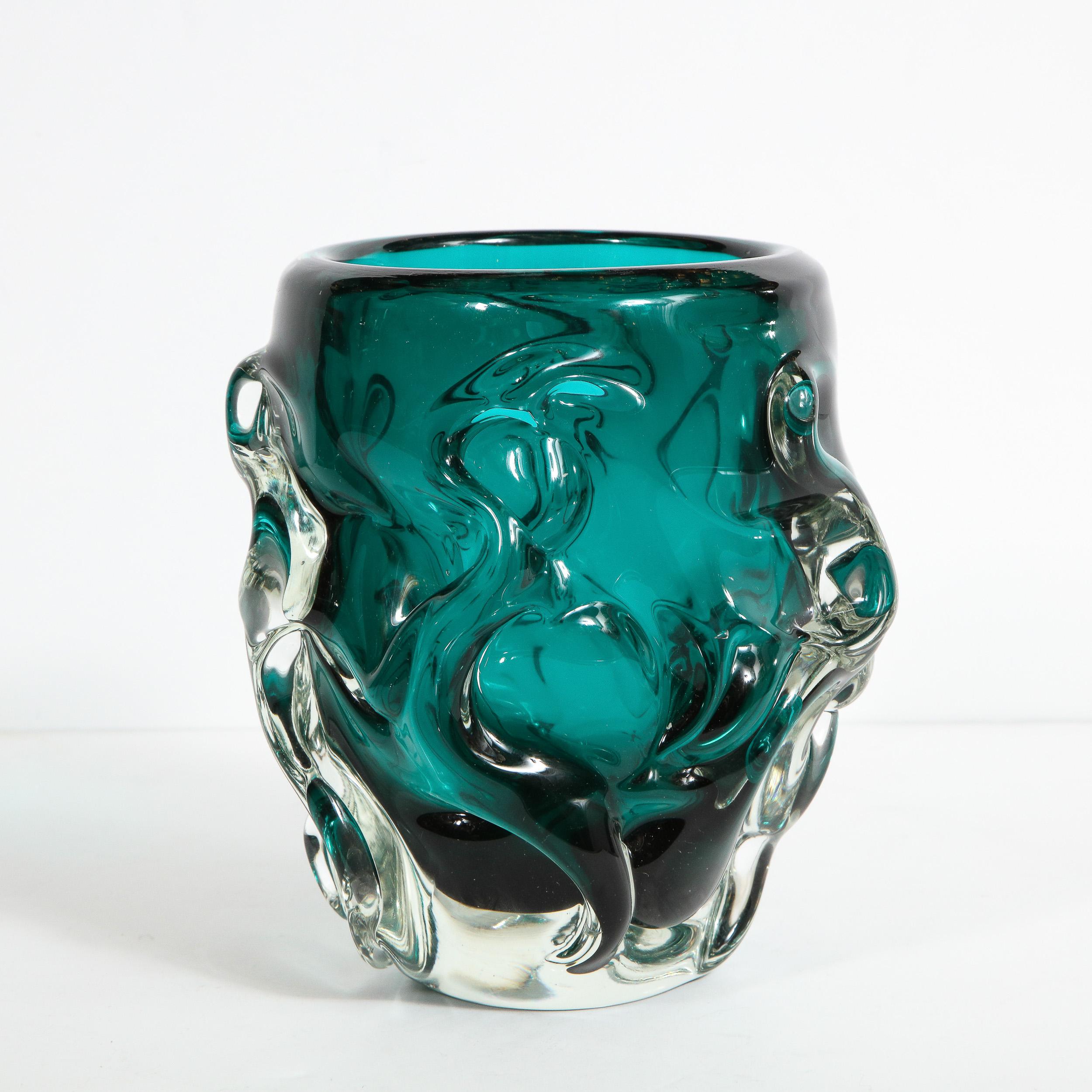 Murano Glass Mid-Century Modern Sculptural Hand Blown Murano Teal and Translucent Glass Vase